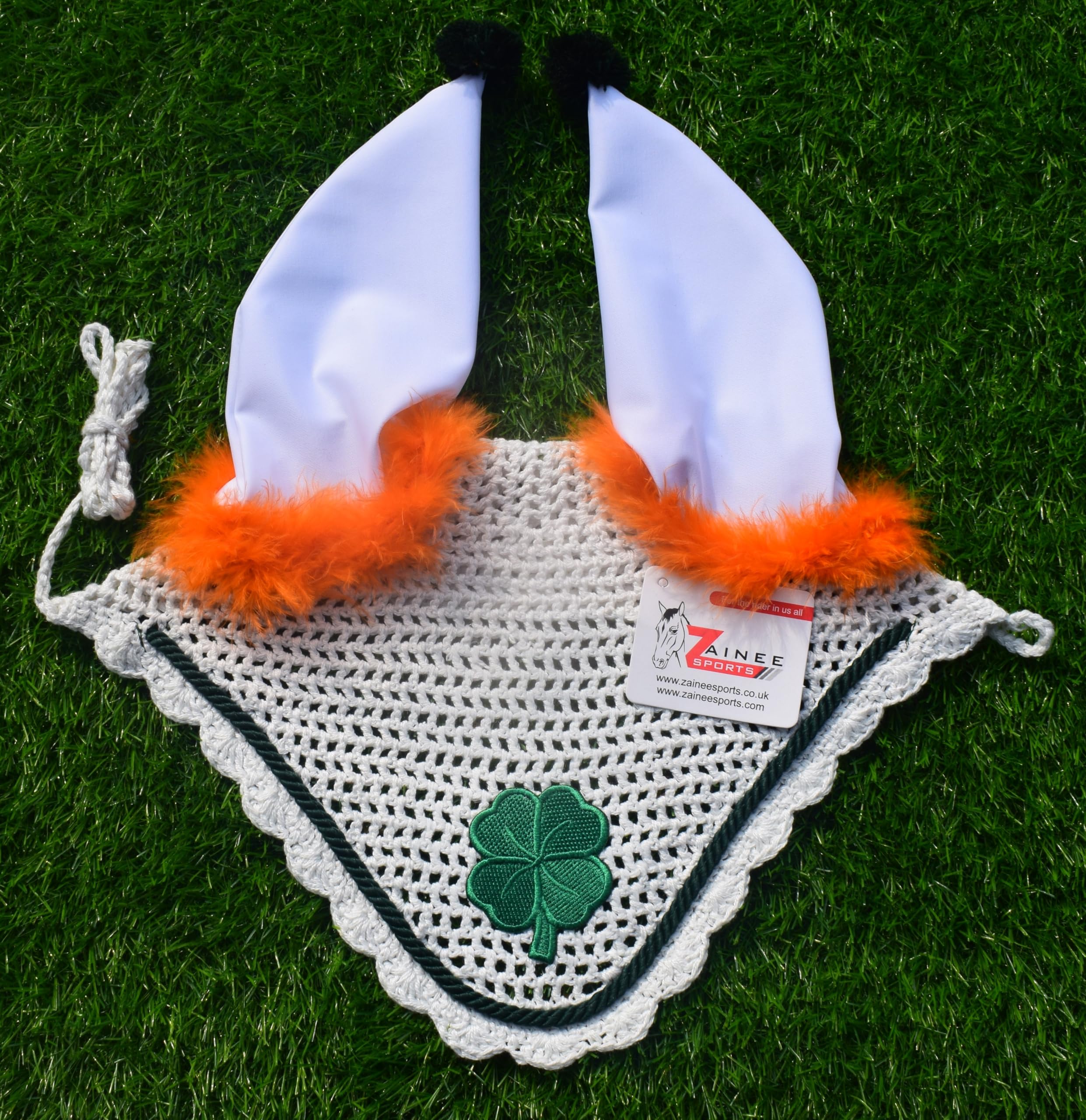 St. Patrick's Day Embroidery Shamrock Costume for Horses Pom Pom Fluffy Horse Fly Bonnet Net Hat Hood Mask Fly Veil Gift Holiday Birthday Party Headwear (COB, WHITE)