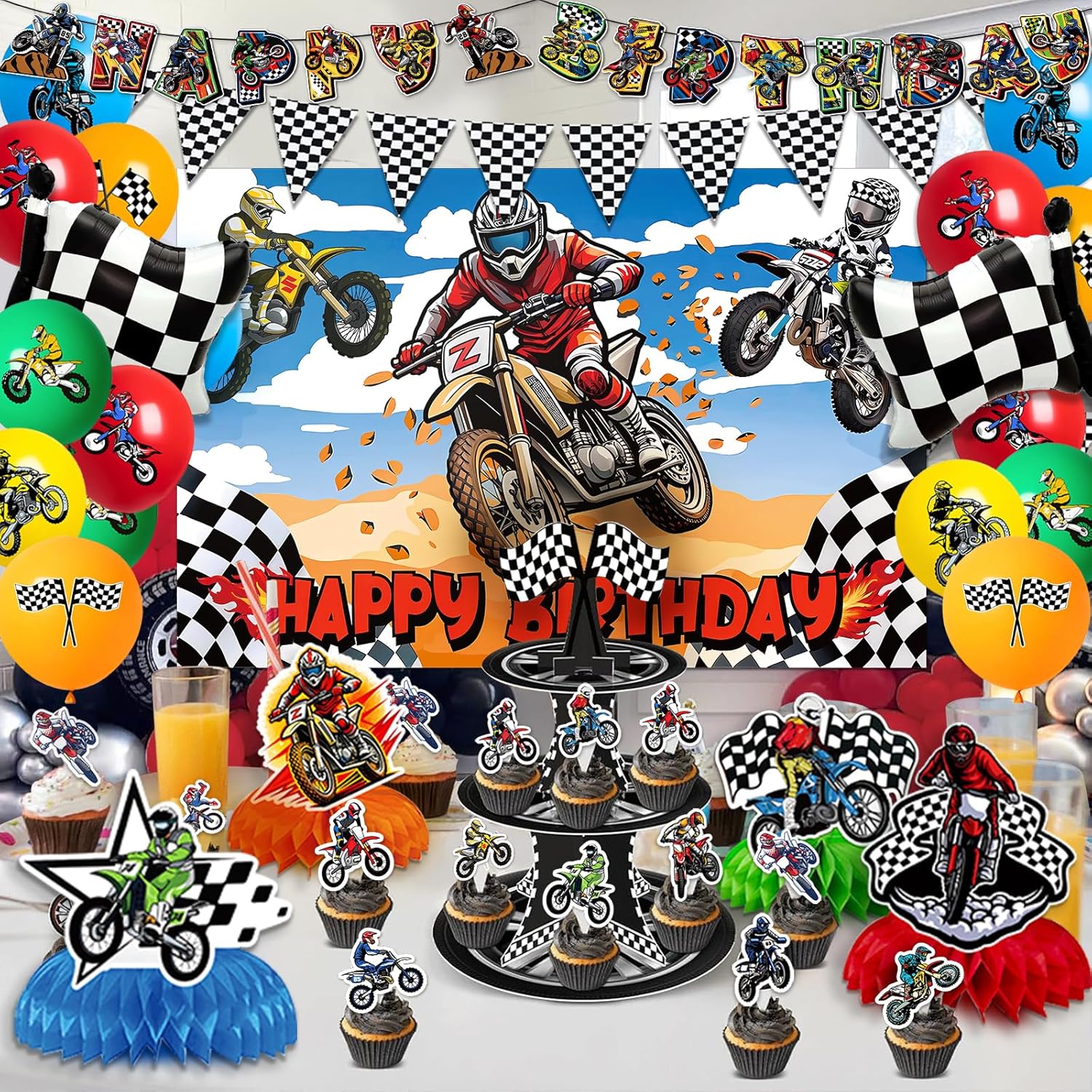 94PCS Dirt Bike Birthday Party Decorations Dirtbike Motocross Party Supplies Includes Banner Backdrop Balloons Cake & Cupcake Toppers Stickers Centerpieces (Dit Bike Birthday)