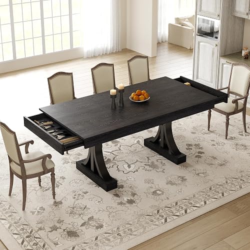 GarveeHome Dining Table for 6-8 with 2 Drawers,71-Inch Industrial Dining Table with Large Tabletop & Sturdy Frame, Rectangular Wooden Kitchen Table with Double Pedestal, for Dinner， Rustic Black
