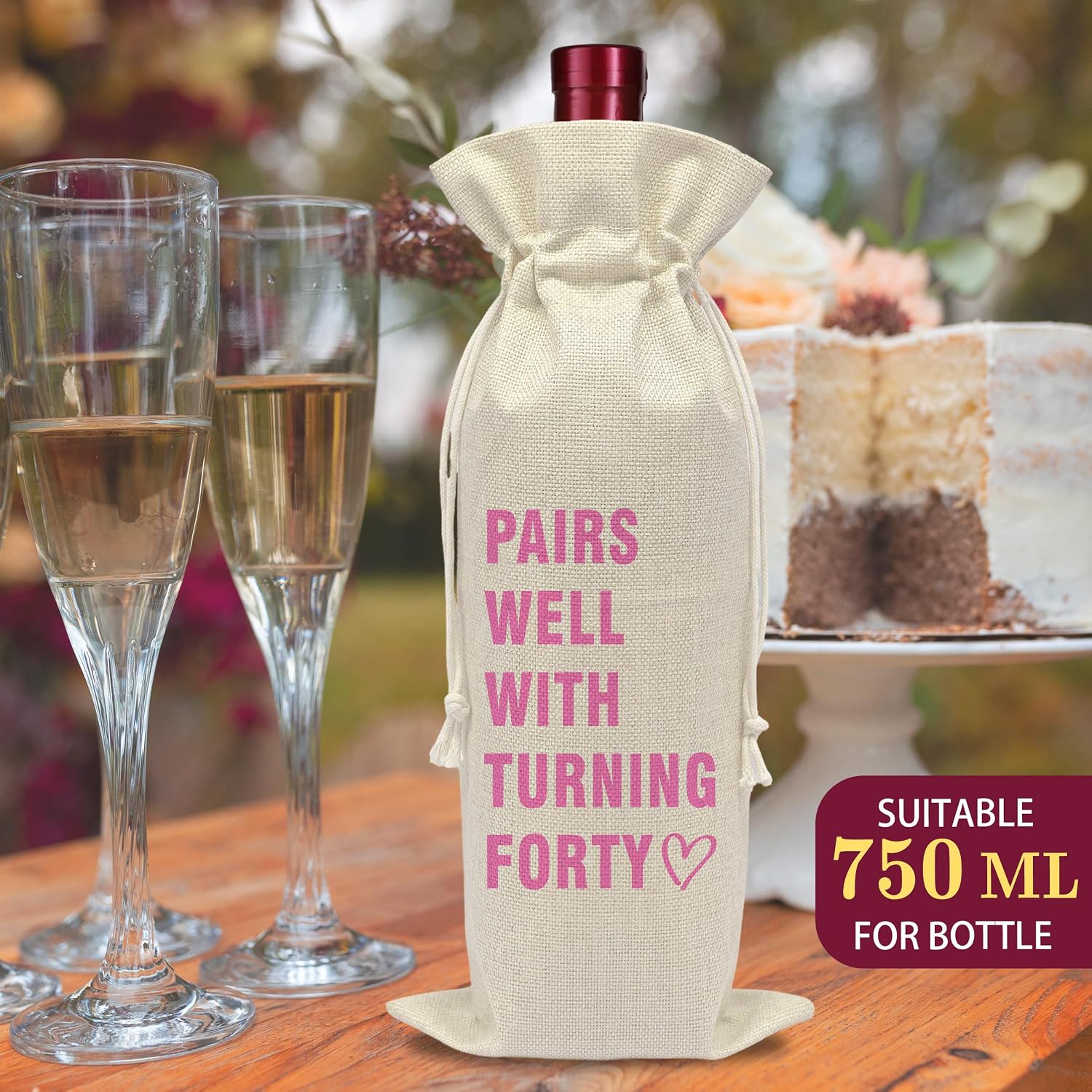AWSICE Funny Birthday Wine Bottle Bag, Reusable Wine Bags with Drawstring, Pairs Well with Special Day Gifts, Funny Present Ideas for 40th Birthday, Pink Party Decorations-B09 image 3