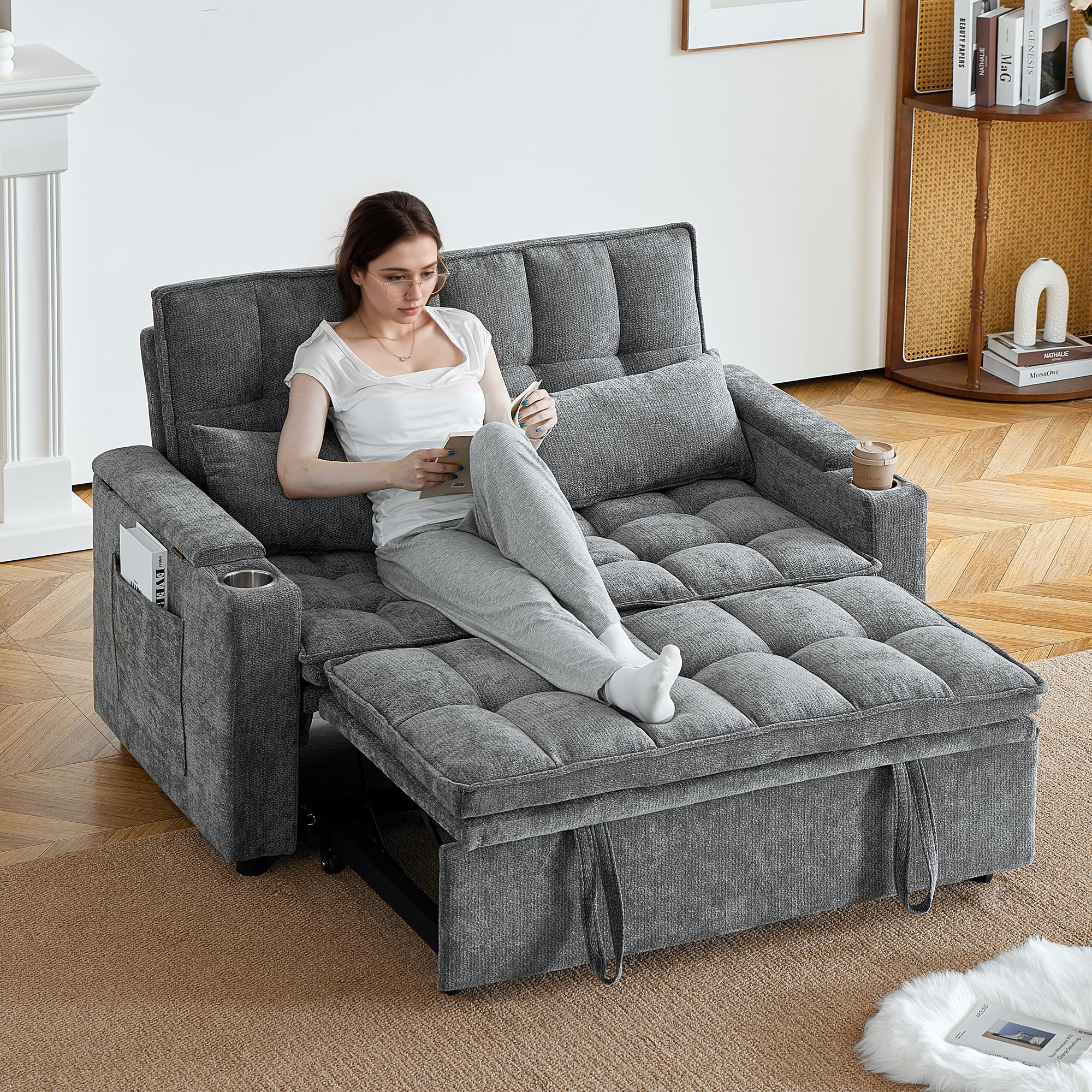 Canape Dangle Convertible, Canapé 2 Places Convertible 142cm, 3-en-1 Canapé Lit avec Fonction Relax, 2 Coussins Lomabires, Rangements Intégrés, Poches Latérales et Porte-Gobelets, Gris