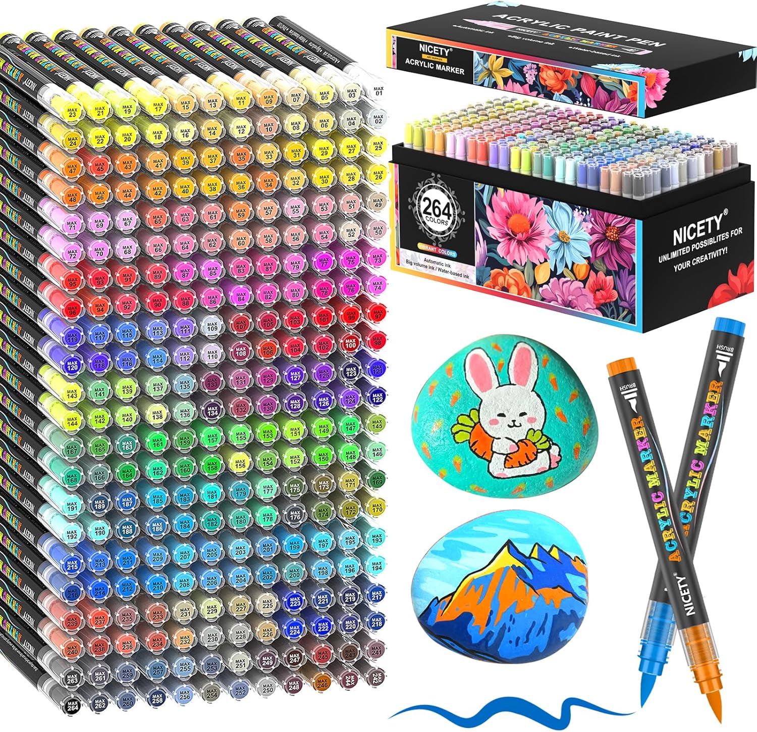 NICETY 264 Colors Acrylic Paint Markers – Ultimate Water-Based Brush Tip Acrylic Pens with Automatic Ink Control for Comprehensive Art Projects