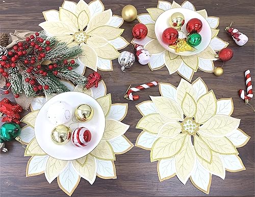 Miniatura 4 de Camino de mesa de lino con apliques navideños bordados en rojo y verde, para decoración del hogar, cena, mesa de Navidad (dorado, mantel individual
