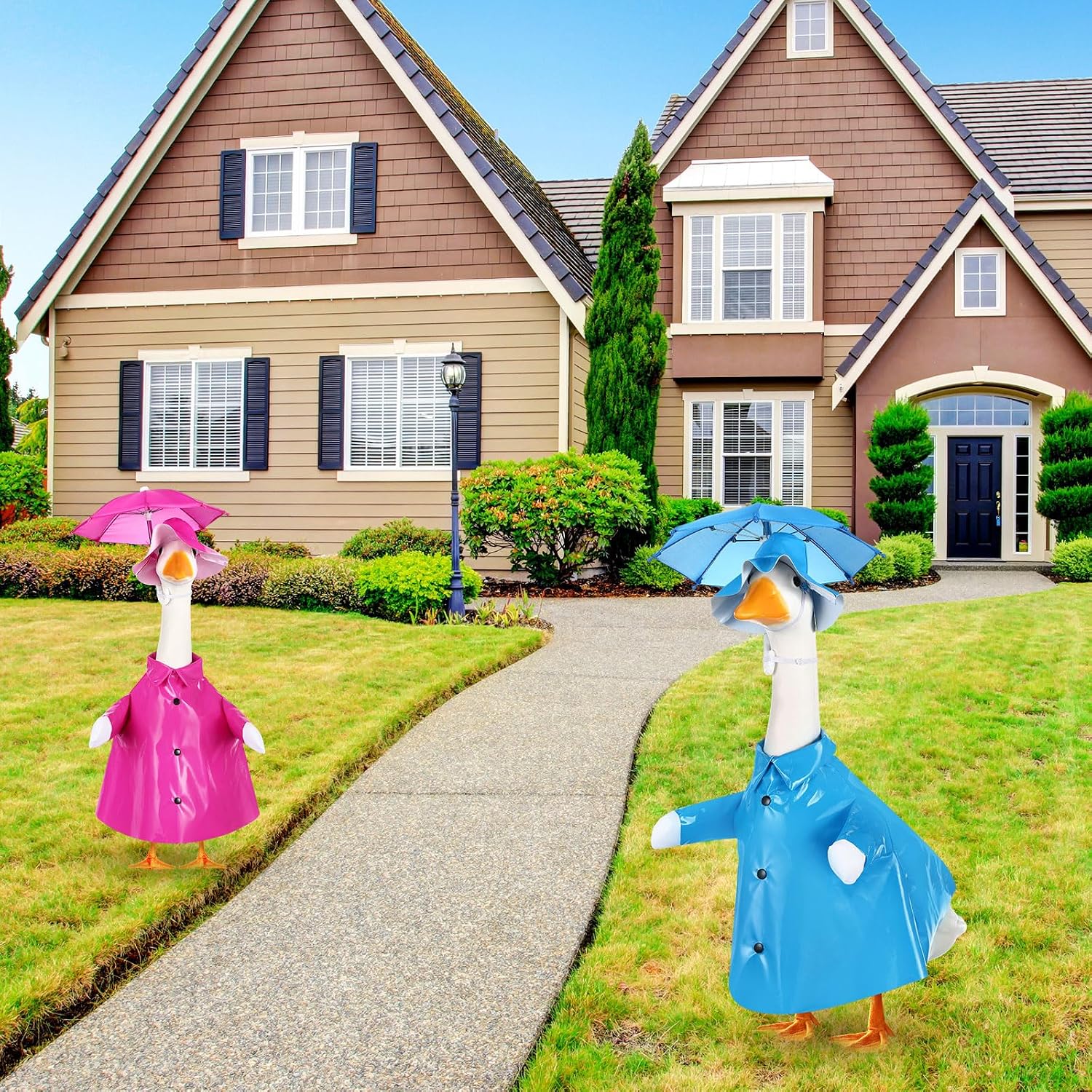 2 Set Porch Goose Outfit Raincoat and Umbrella Summer Lawn Porch Goose Cloth Costume Raincoat Outfits for Summer Outdoor Patio Yard Lawn Decoration(Blue and Rose Red,23 Inches,Classic Style)
