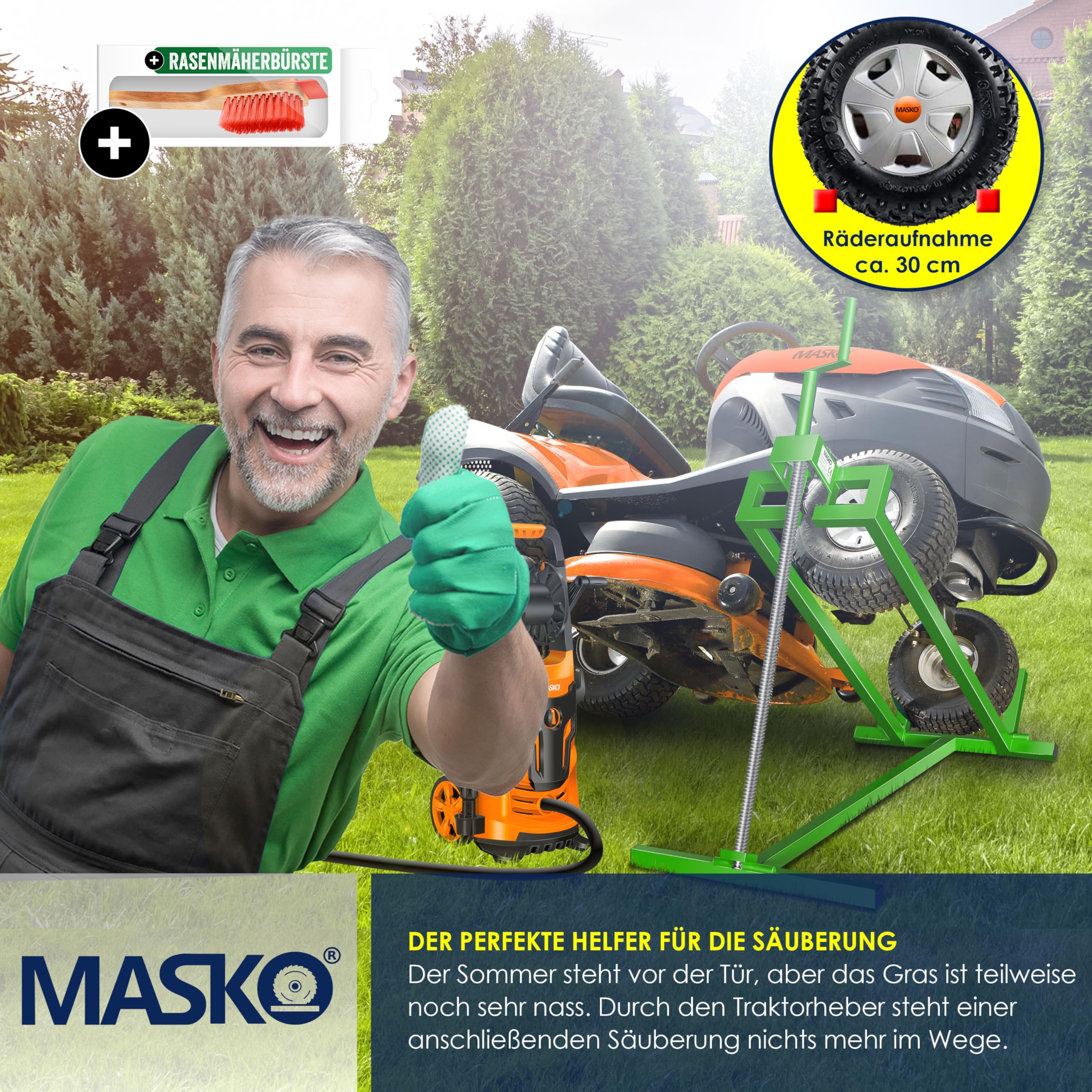MASKO Elevador de tractor de césped XXL, 450 kg, dispositivo elevador, plataforma elevadora, herramienta de limpieza universal, elevación de tractor de césped, inclinación ajustable +45°, incluye