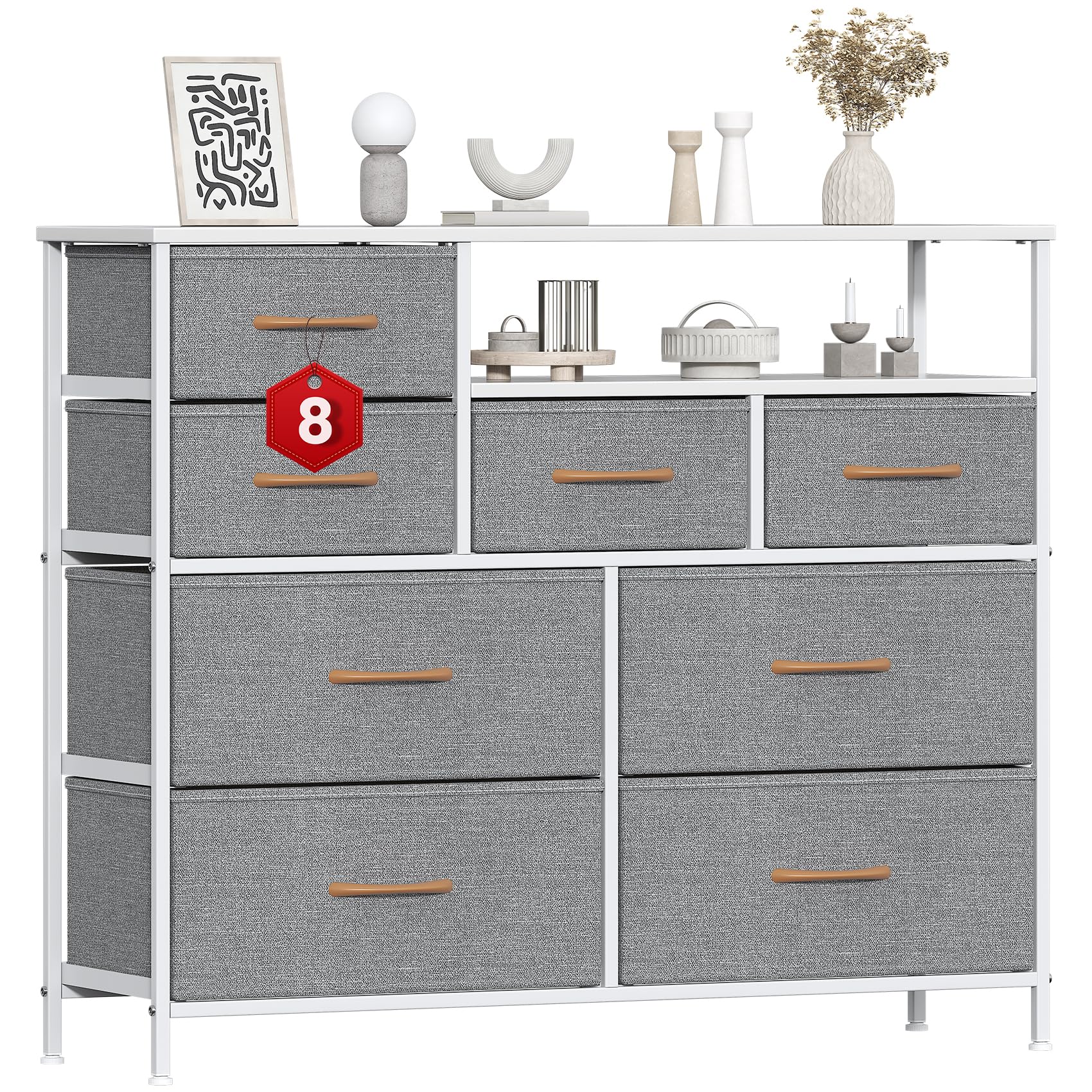 GoaHi 8 Drawer Fabric Chest of Drawers, Wide Metal Frame Storage Unit, Open Compartment MDF Top Clothes Organiser Cabinet for Bedroom Living Room Hallway, Light gray