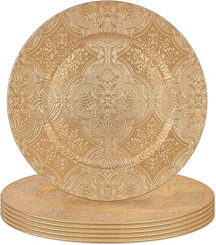 Platos de carga dorados rústicos de imitación, cargadores redondos elegantes de 13 pulgadas para platos de cena, cargadores de platos florales de