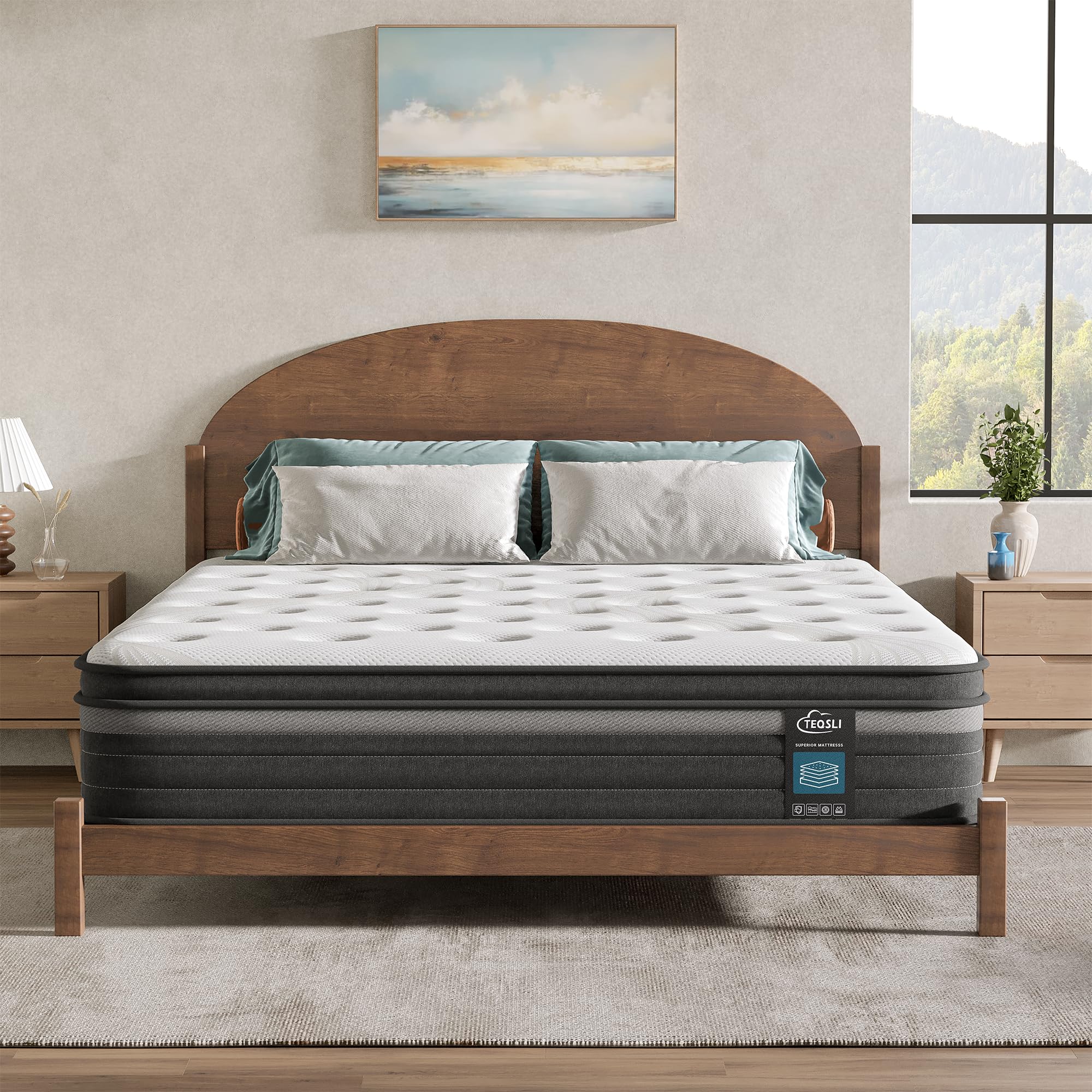 TeQsli Taschenfederkernmatratze 90x200cm Höhe 25cm Härtegrad H3 – orthopädische 9-Zonen Matratze mit Gel-Memory-Schaum, Rücken- & Druckentlastung, atmungsaktiver Bezug, Öko-Tex & CertiPUR zertifiziert