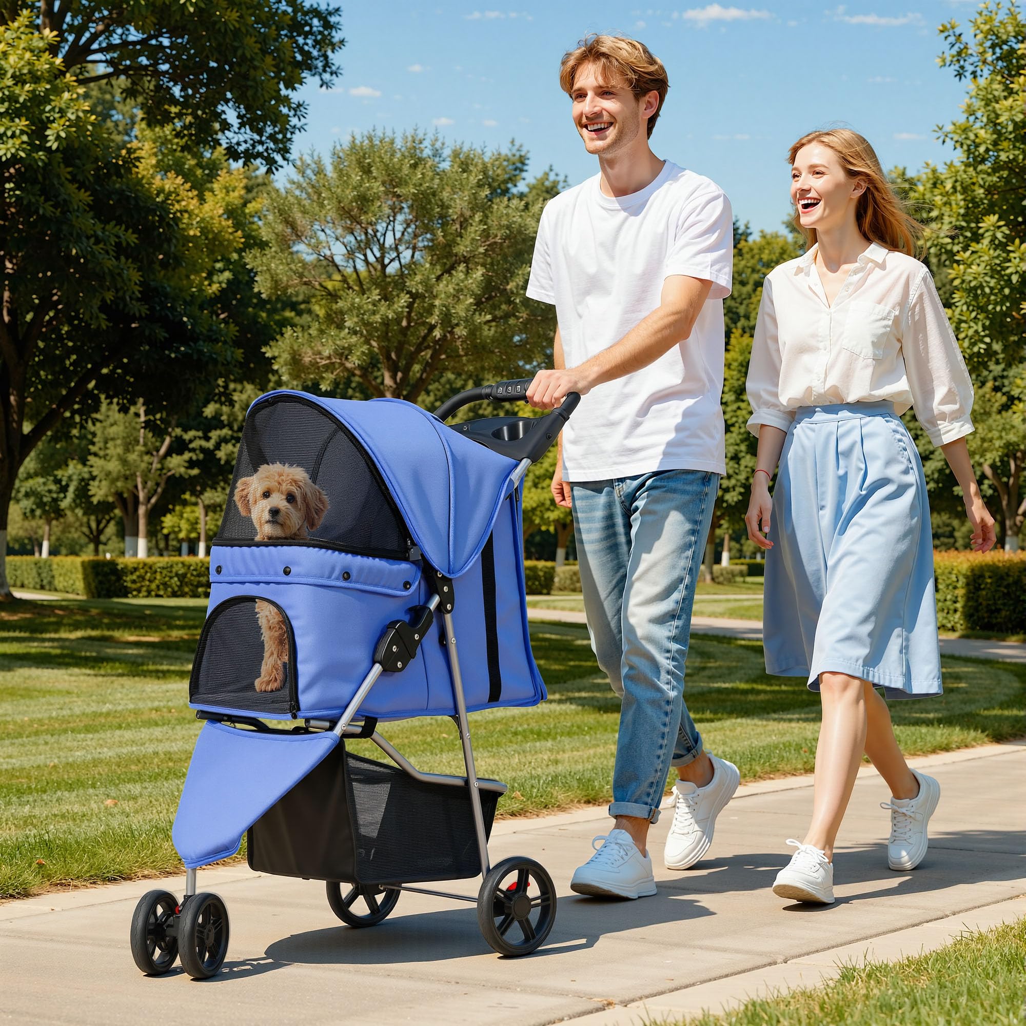YITAHOME 15 kg faltbarer Hundewagen, Katzenbuggy mit 3 Rädern, Netzfenstern, Getränkehalter und Bremsen, geeignet für Haustiere unter mittlerer Größe Jeansblau