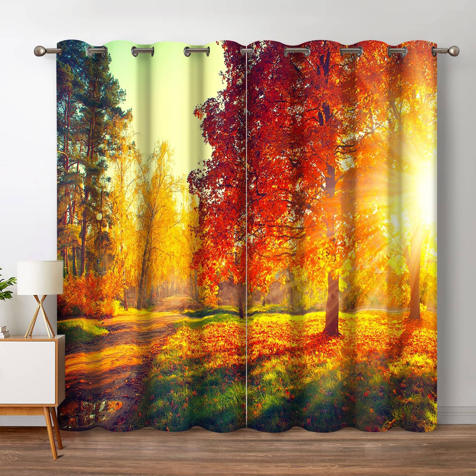 Jekeno Forest Blackout Curtains Jungle Autumn Tree Orange Leaves Sunlight Print Fall Nature Scenic Decor Home Bedroom Living Room Grommet Window