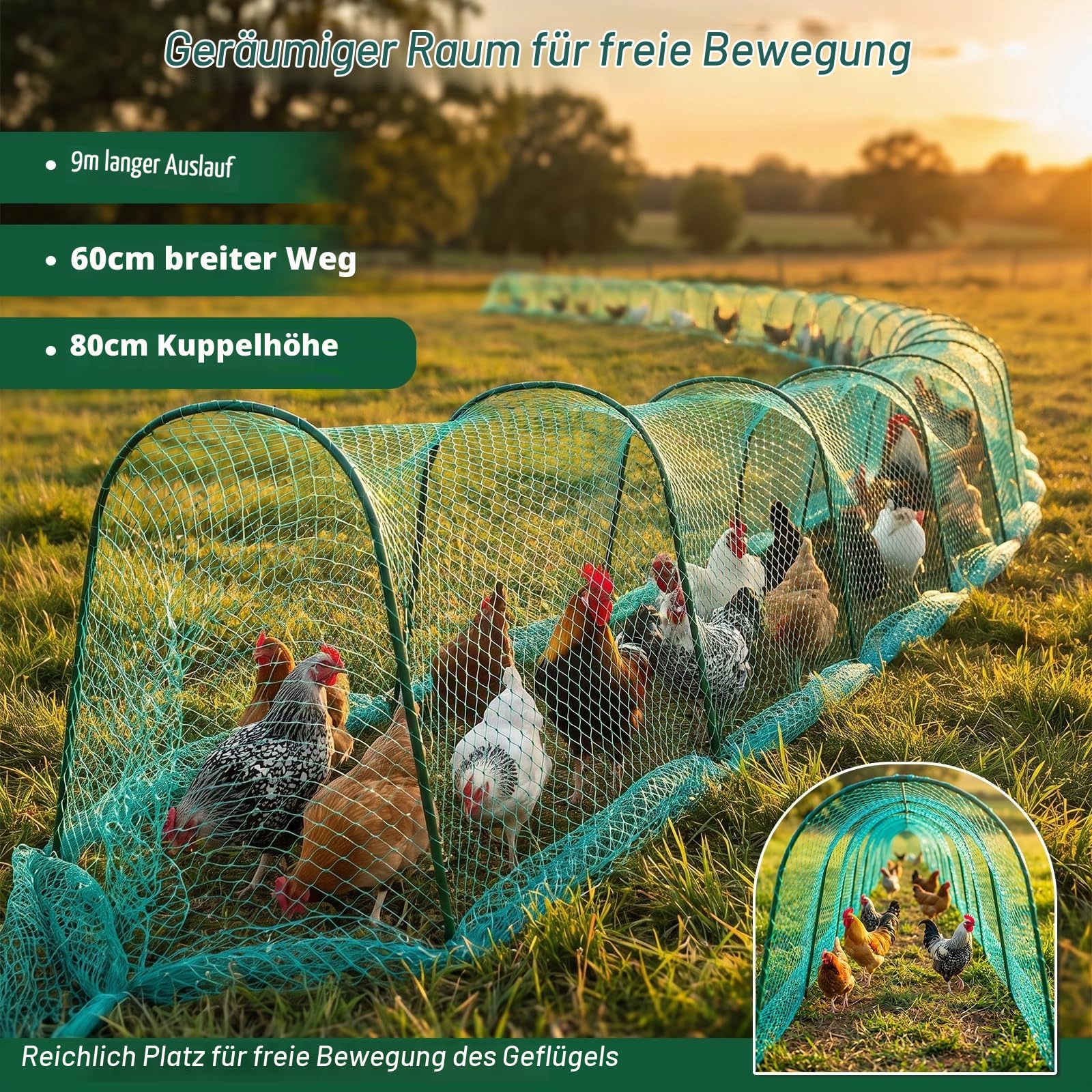 Hühnertunnel 9 m für Hühnerauslauf, Freilaufgehege Hühnergehege Outdoor