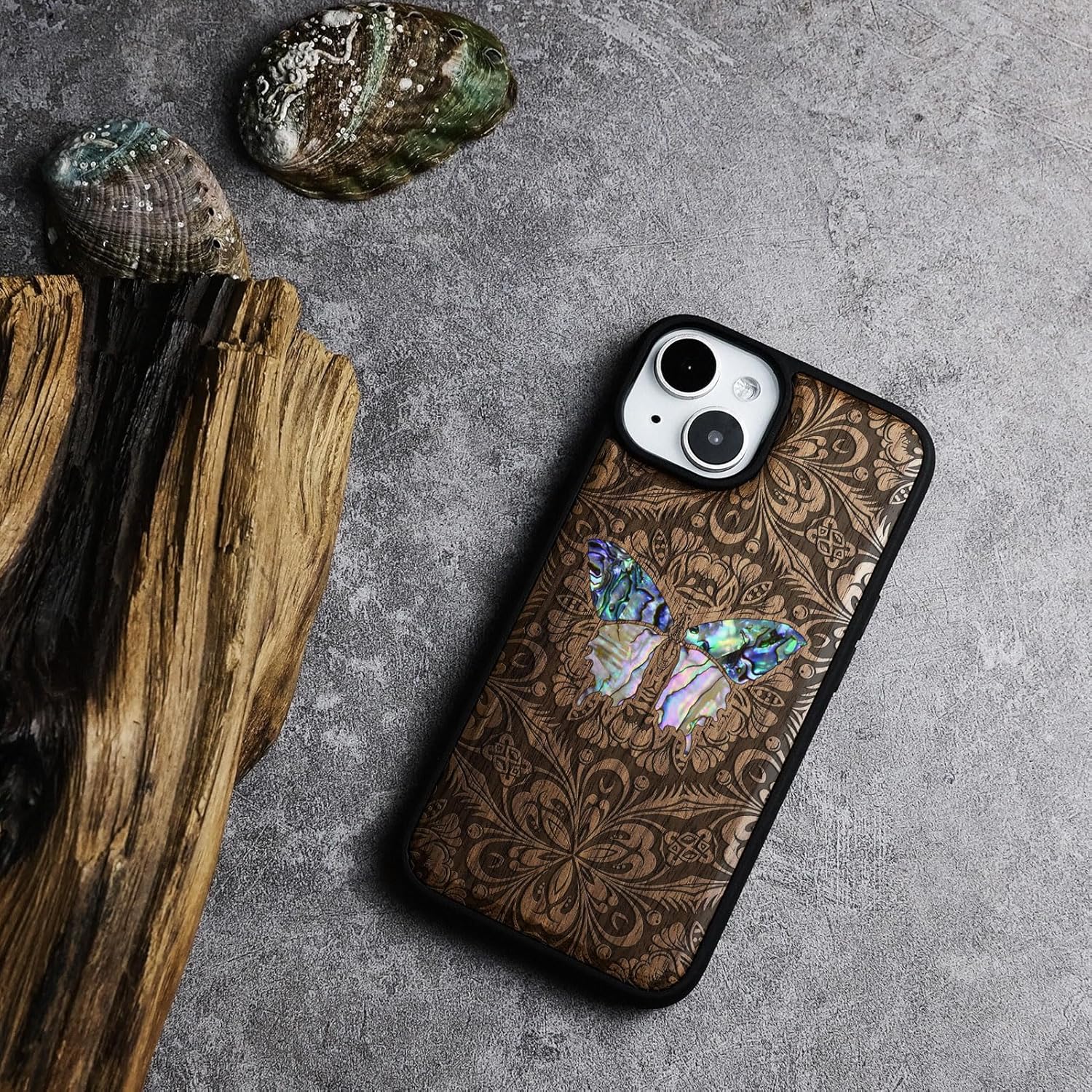 Carveit Wooden Case for iPhone 15 Magnetic Case, Compatible with MagSafe Wireless Chargers, Shockproof Cover, Handmade Shell Inlaid & Wood Artisan Engraved (Baroque Butterfly) Walnut