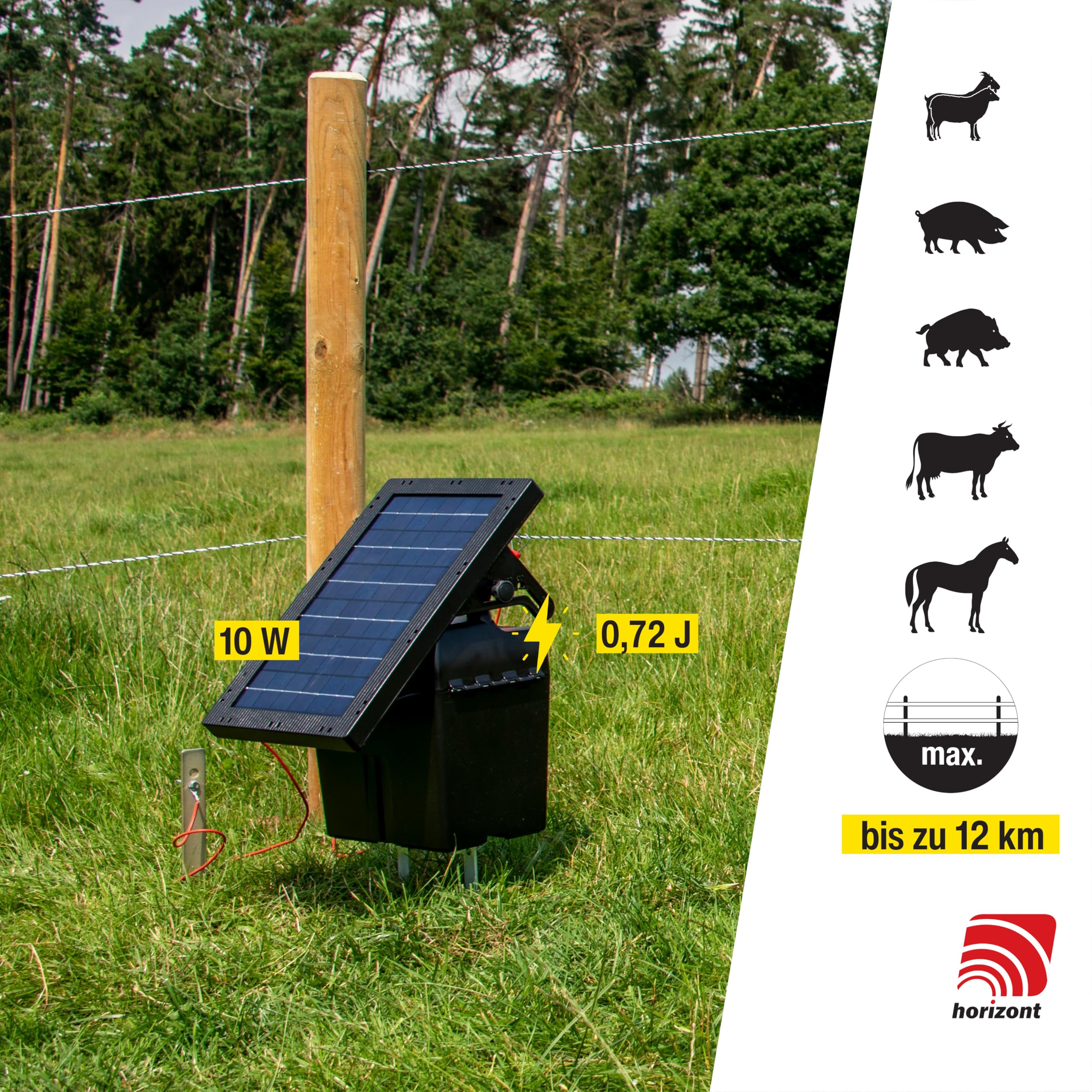 horizont shockstar S70 Solar-Weidezaungerät 12 V bis 12km, inkl 12 Ah Akku | 10W Solarpanel, 11.500 V maximale Spannung, mit 3 stufiger LED-Anzeige, Elektrozaungerät für Weidezaun