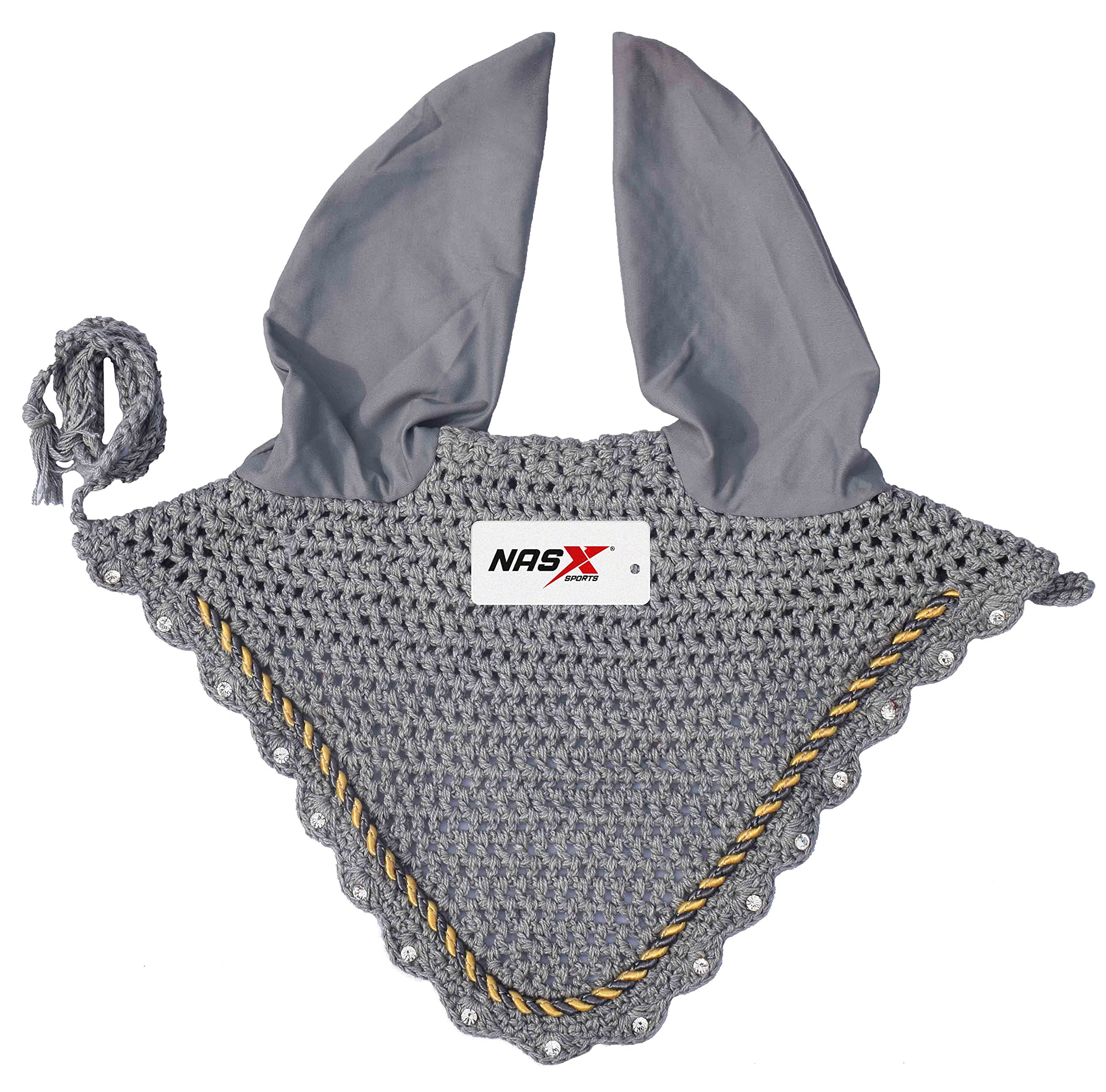 Diamante Crystal Horse Fly Hood Veil Ear Bonnet Flyveil Cotton Crochet Handmade Glitter (COB, Grey)