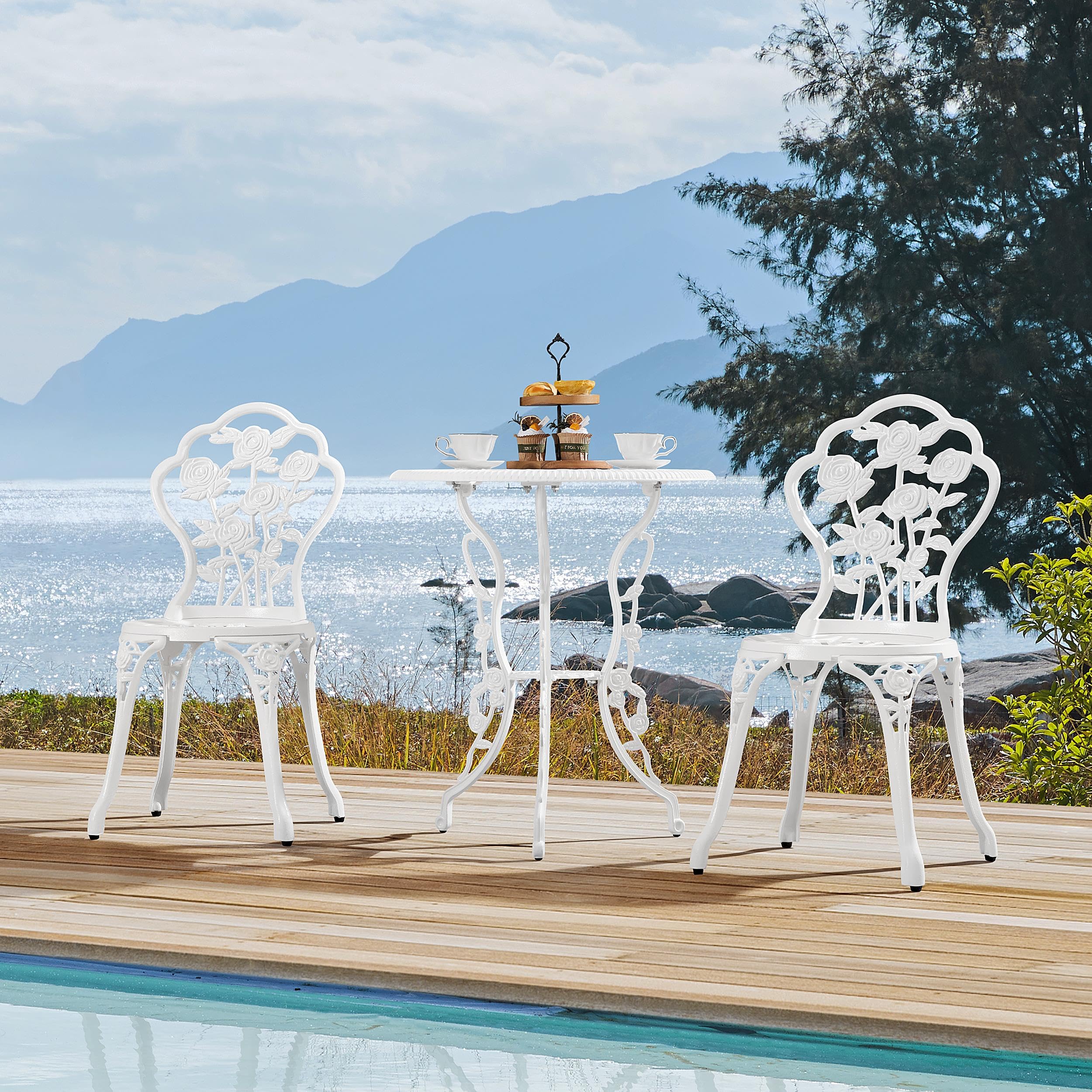 Yaheetech Conjunto de Mesa y Sillas Exterior Vintage Juegos de Muebles de Jardín de Aluminio Una Mesa con Dos Sillas para Balcón Blanco