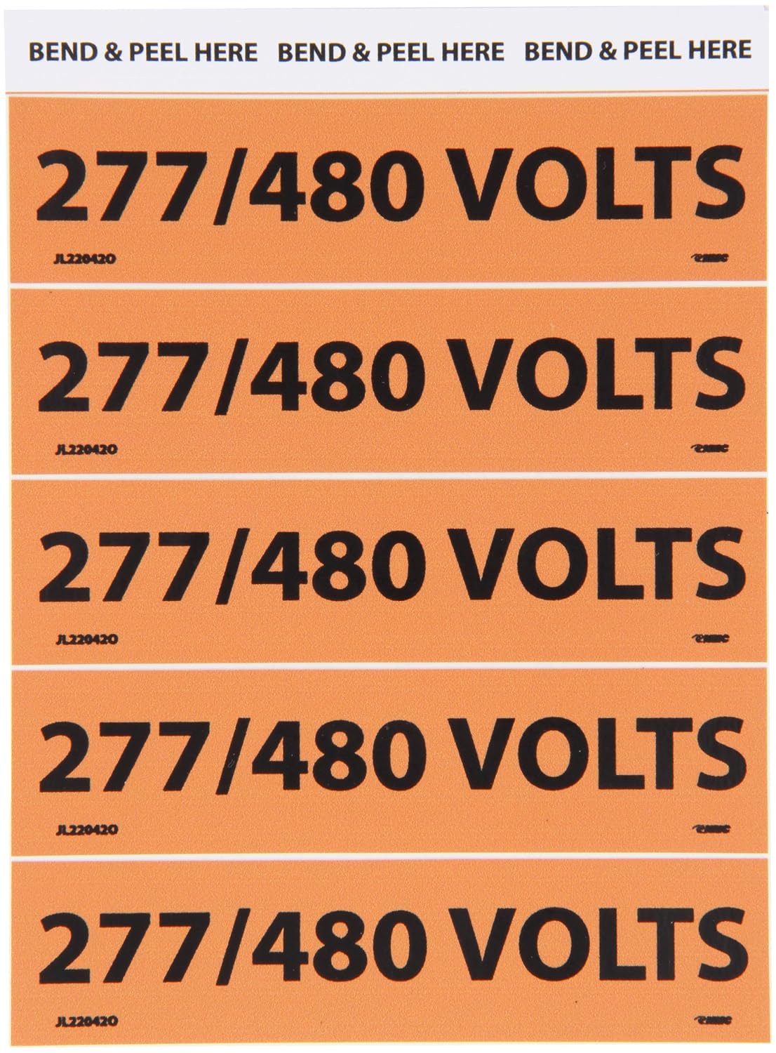 NMC JL22042O Electrical Marker, Legend "277/480 Volts", 4-1/2" Length x 1-1/8" Height, Pressure Sensitive Vinyl, Black on Orange (Pack of 25)