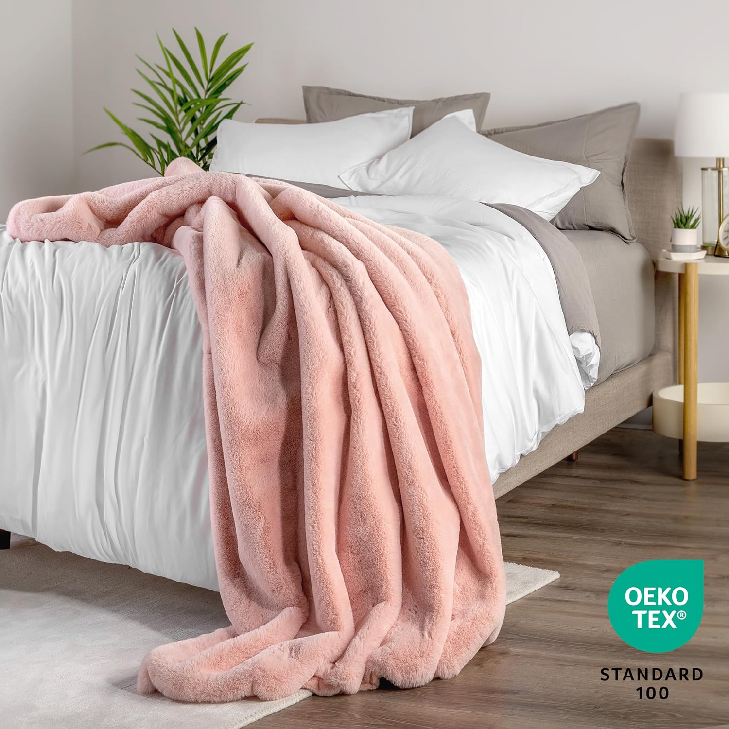 Bare Home Faux Fur Blanket - Ultra-Soft Luxurious - Cozy Warm Throw for Couch, Sofa, Chair, Bed - Fuzzy Fluffy Super Soft - Decorative Bed Blanket, 80x60 inches (Oversized, Blush)