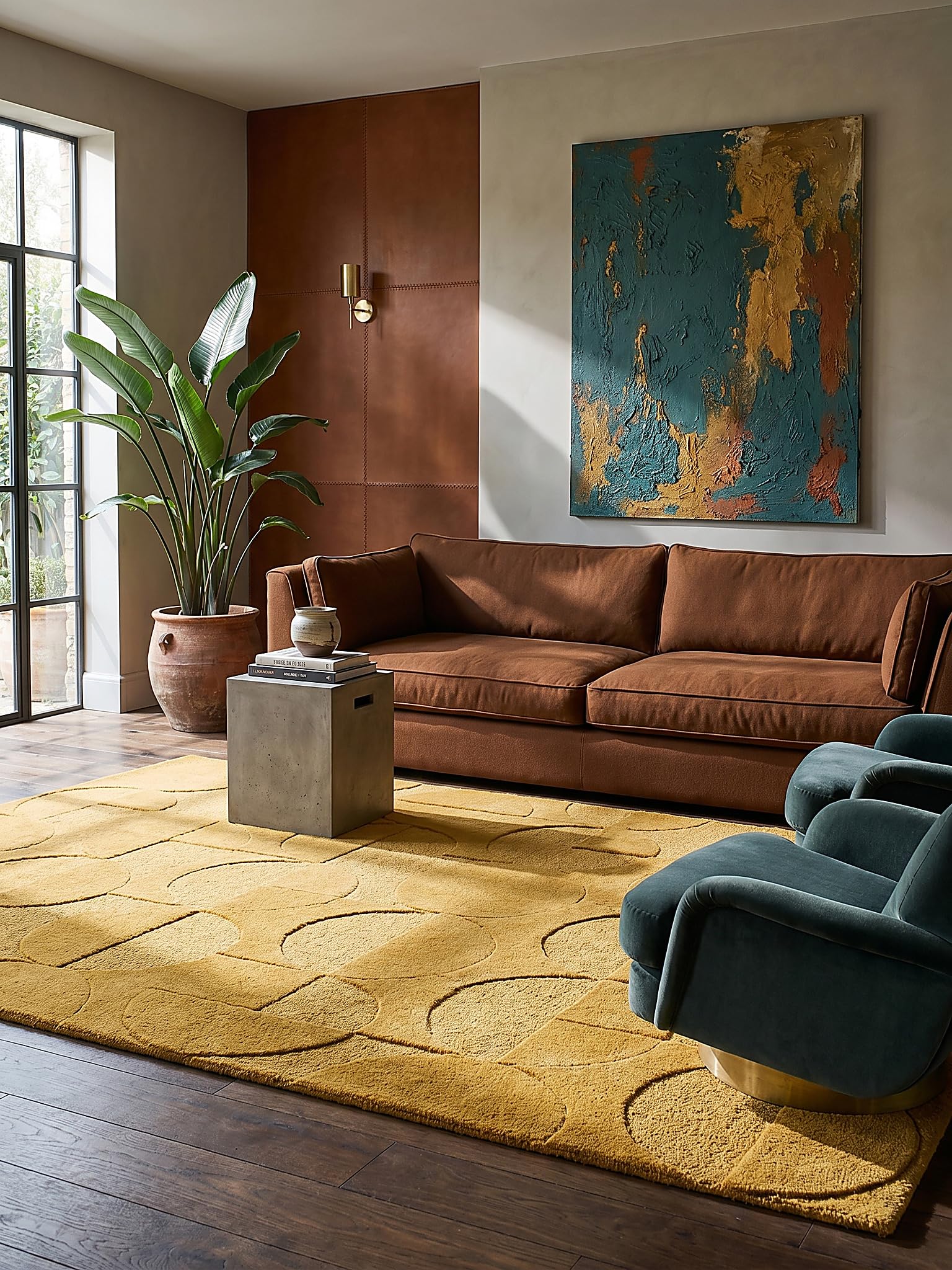 Tapis en Laine Motif Géométrique Dense et Robuste Jaune Moutarde 120 x 170 cm Salle à Manger | DEBEN