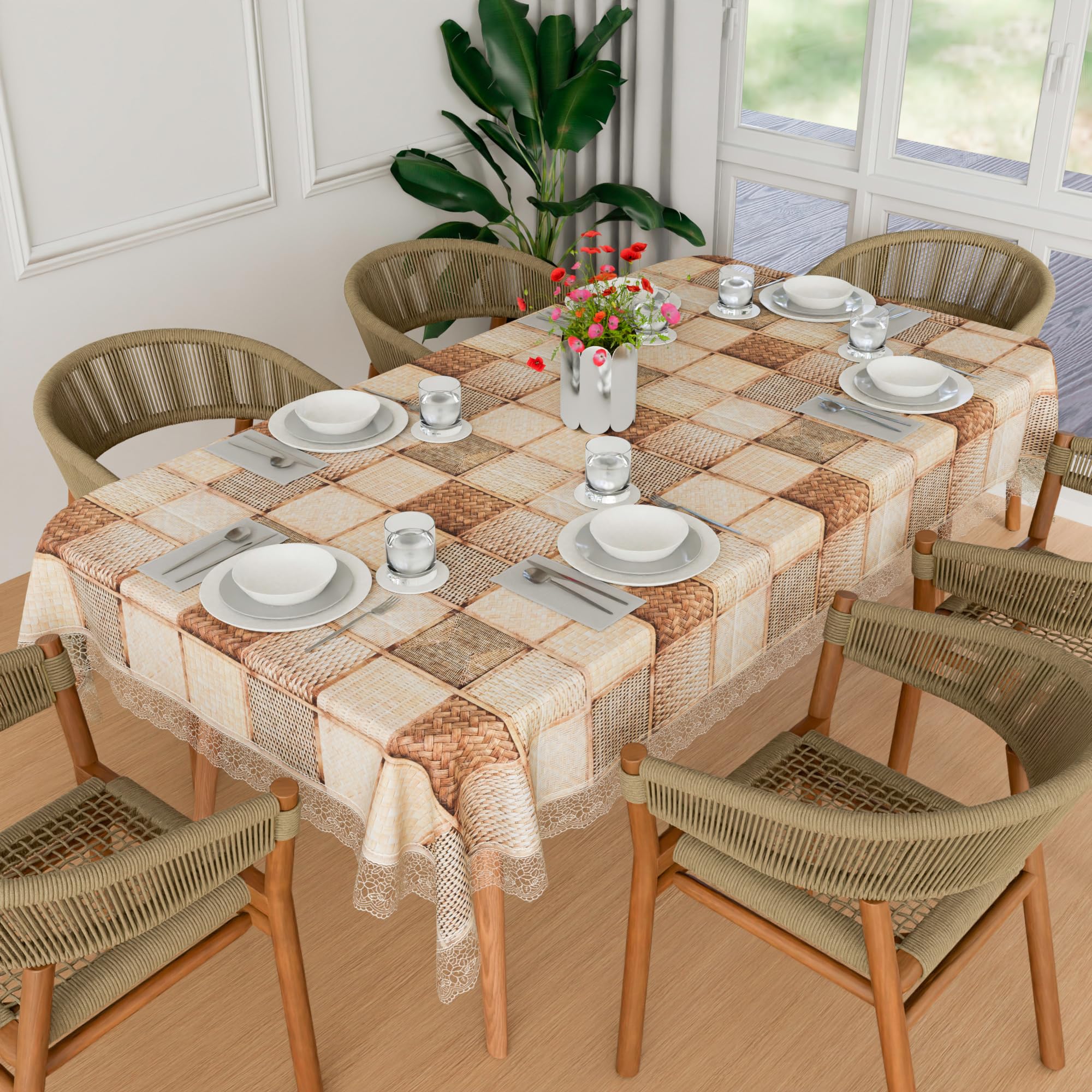 Kuber Industries Dining Table Cover - 60x90 Inch, 6 Seater, PVC Waterproof Kitchen Cloth, Chatai - Brown