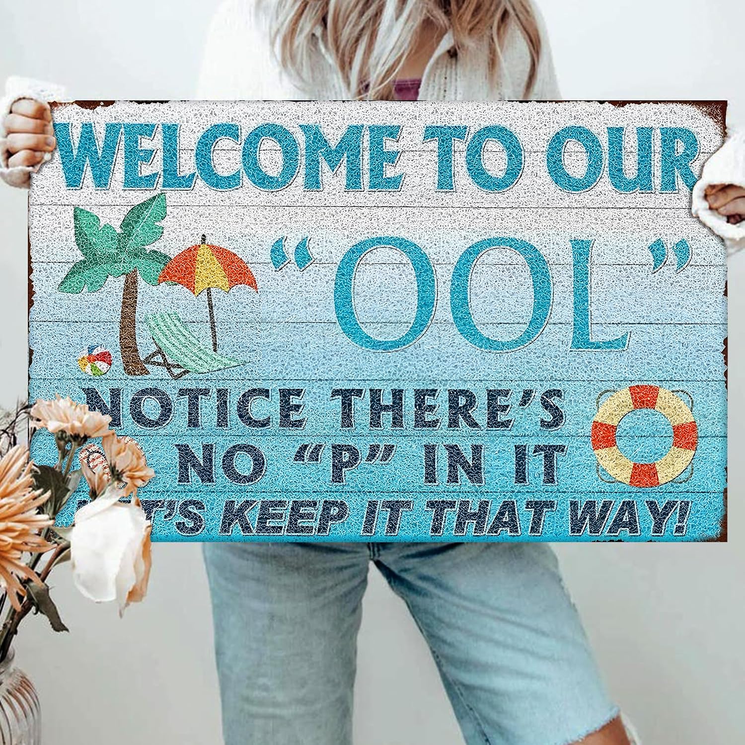 Summer Swimming Pool Door Mat, Funny Poolside Welcome Floor Mats Non-Slip for Front Door Porch Indoor Outside Entrance Entryway, Summer Coastal Doormat, 17x30 Inch