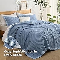 Vista 2 de Bedsure - Juego de edredón azul tamaño king, juego de ropa de cama con colcha y cubrecama, colcha ligera con patrón de pana, juego de 3 piezas