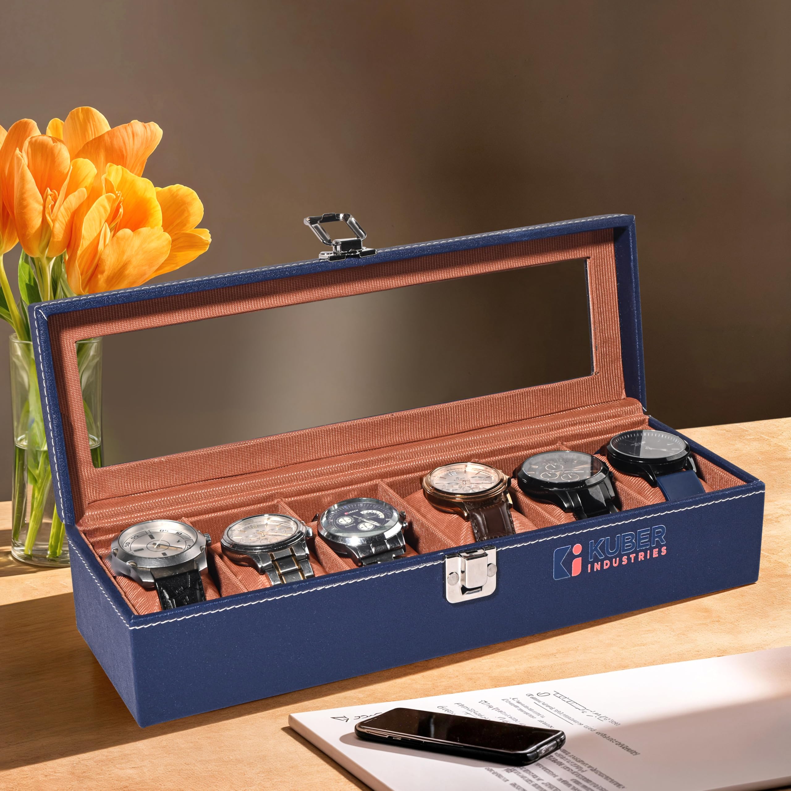 Kuber Industries Scatola organizer per orologi da polso in ecopelle di alta qualità, con 6 scomparti, per uomini e donne, scatola per orologi da collezione, colore: blu navy
