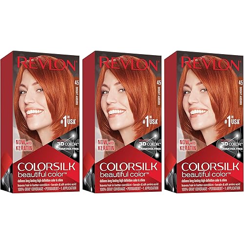 Revlon Permanent Hair Color, Permanent Hair Dye, Colorsilk with 100% Gray Coverage, Ammonia-Free, Keratin and Amino Acids, 45 Bright Auburn, 4.4 Oz (Pack of 3)