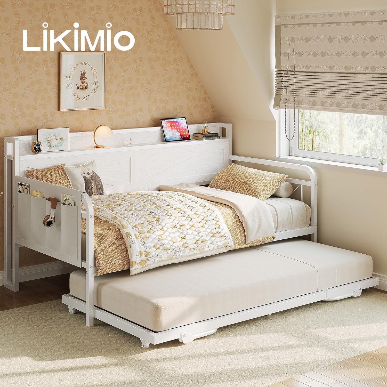 LIKIMIO Twin Daybed, Day Beds with Pop Up Trundle, Storage Headboard with Charging Station, Strong Supports for Apartment and Other Small Space, White