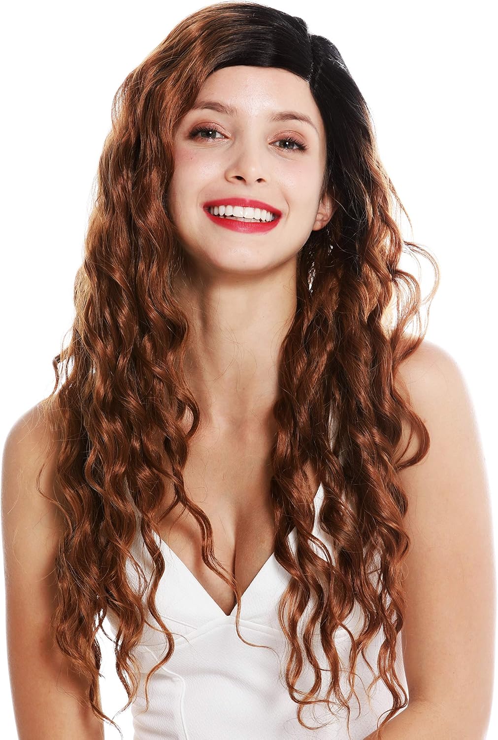 WIG ME UP - VK-13-MF women's quality wig monofilament parting curly ombre black copper brown 25.5 inches long