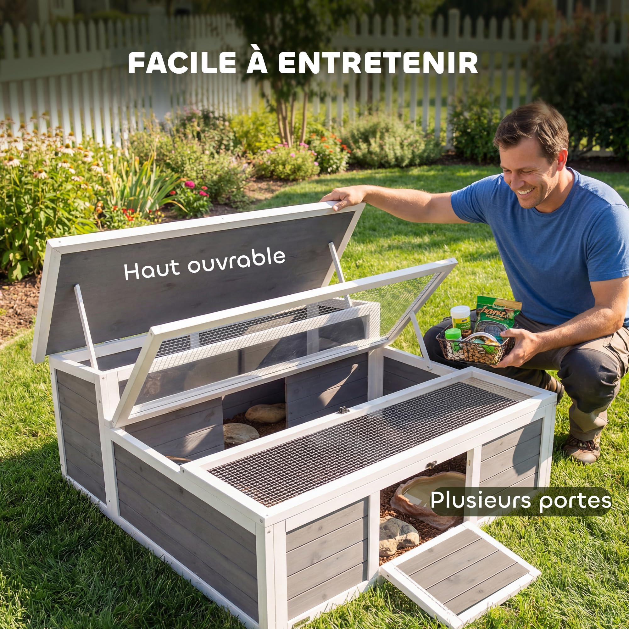 PawHut Maison Tortue Terrestre en Bois XXL 113x106,5x44,5cm - Habitat 2 Zones avec Double Toit Ouvrant Bitumé et Grillagé, Fenêtre - Enclos Tortue Hermann et Parc Lapin, Gris Foncé