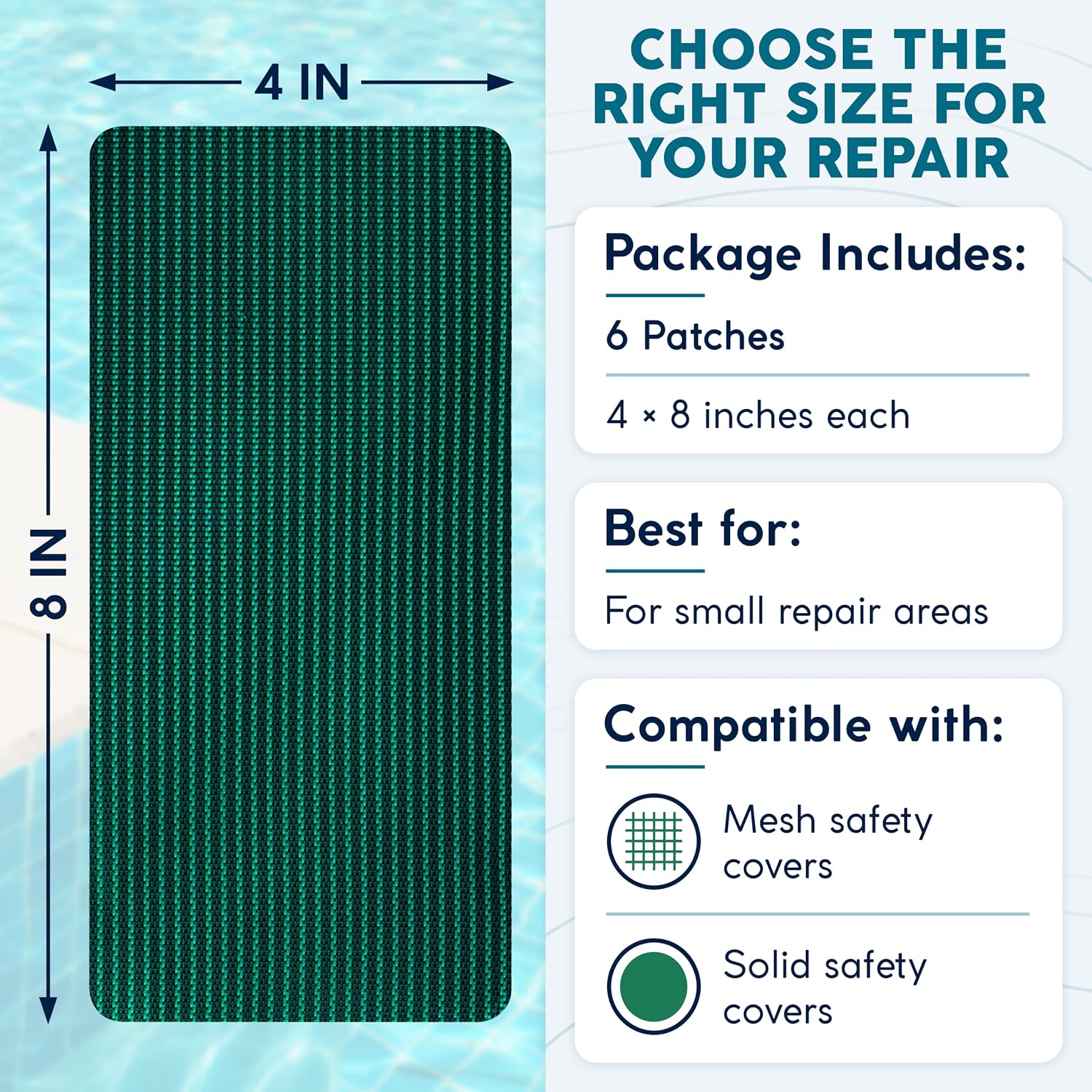 Pool Cover Patch Repair Kit, 4 x 8 Inch Self-Adhesive Patches, 6 Pack | Woven PVC Mesh, Pre-Cut for Compatible Mesh and Solid Safety Covers