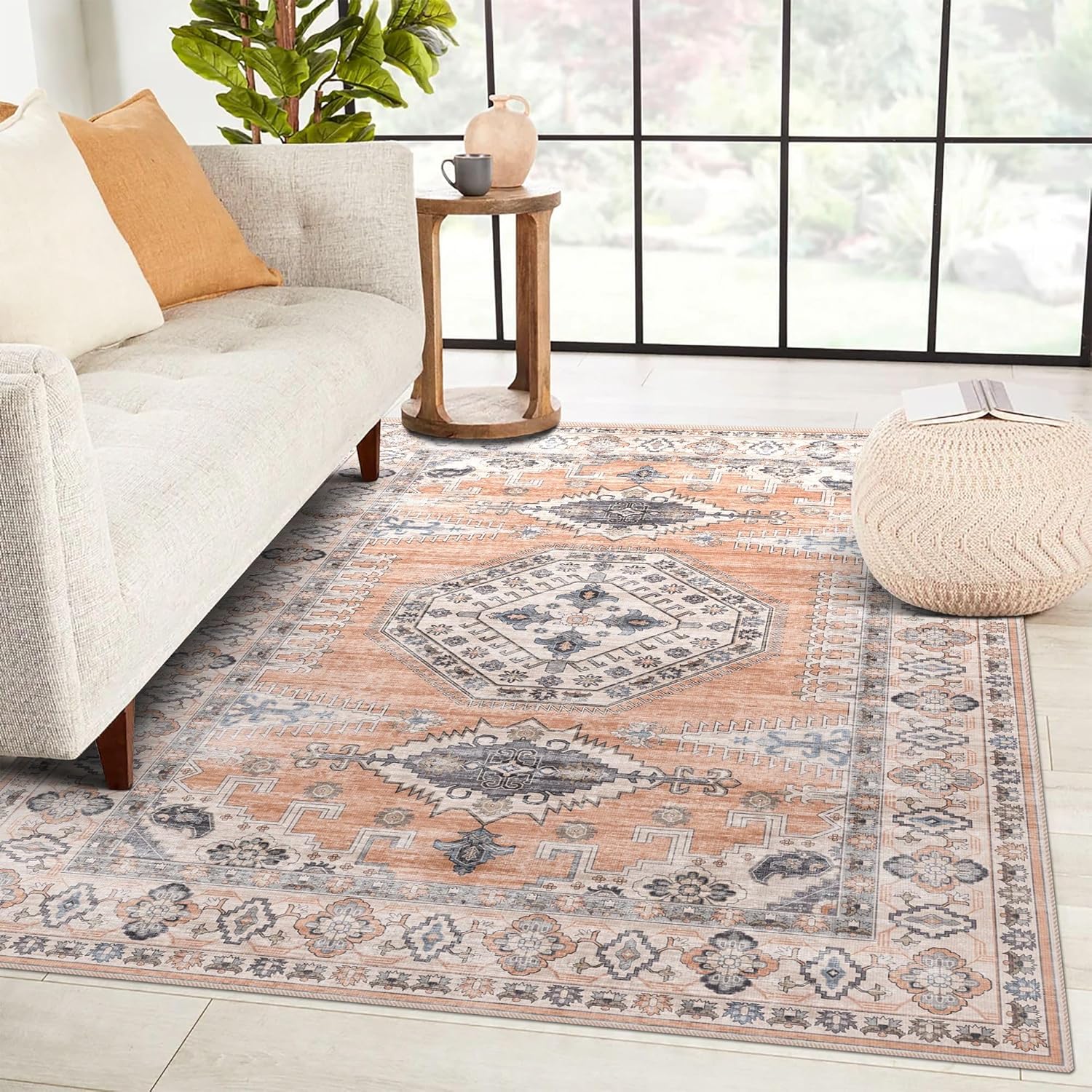 vivorug 8x10 Area Rugs for Living Room, Non-Slip Backing Washable Rug 8x10, Large Area Rug Soft Carpet for Bedroom Dining Room, Vintage, Easy Clean, Durable, Low Pile Rug, Orange Orange 8' x 10' (Rectangular)