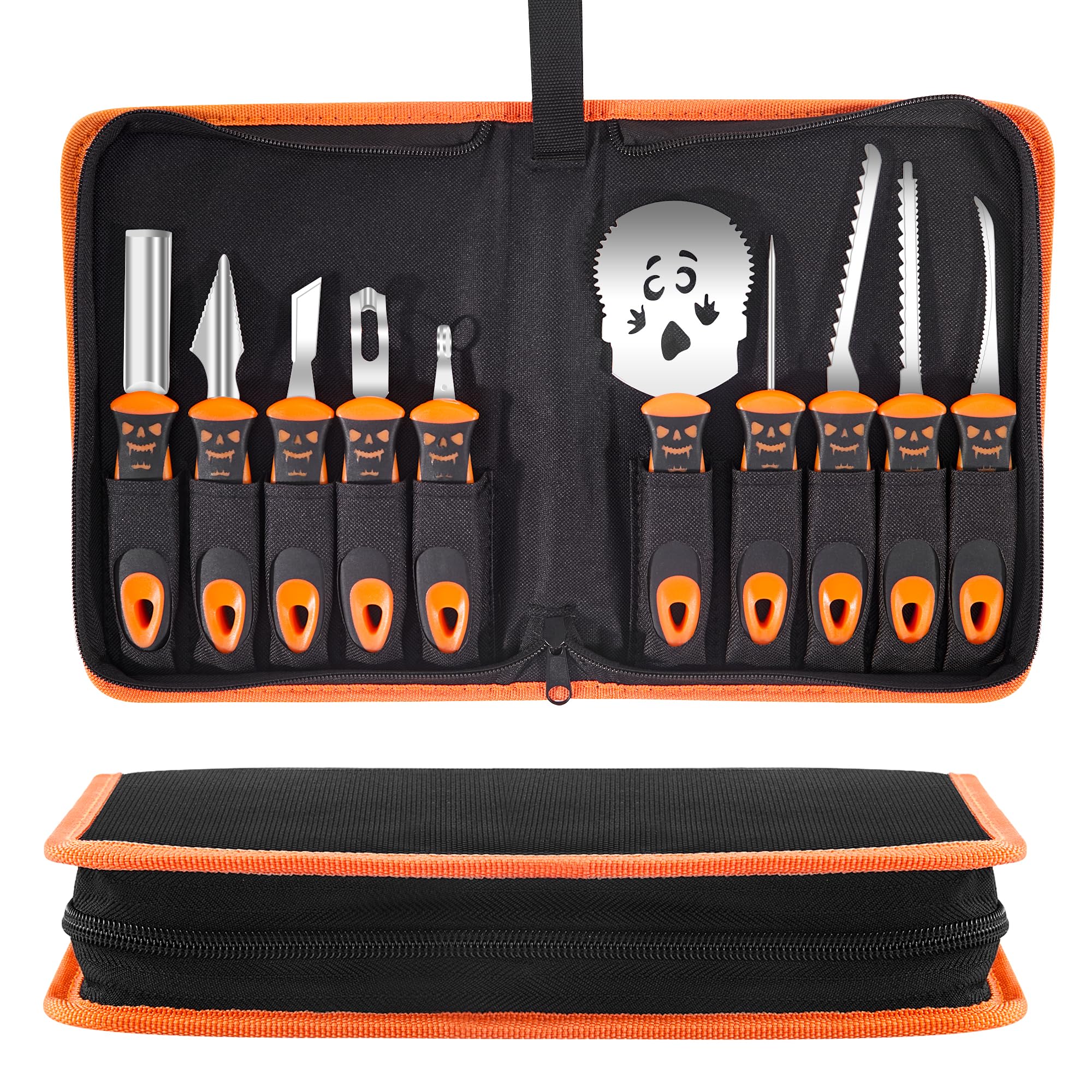 Pumpkin Carving Tools 10 PCS,Halloween Pumpkin Carving Kit for Adults or Kids,Professional Pumpkin Carving Knife Set for Jack-O-Lanterns with Zippered Carrying Case