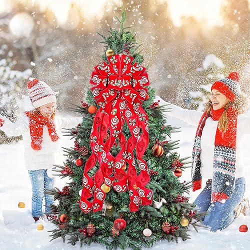 Miniatura 7 de Decoración para árbol de Navidad, lazo de corona de Navidad de 45 x 12 pulgadas, lazo rojo grande con caramelo estampado para árbol de Navidad,