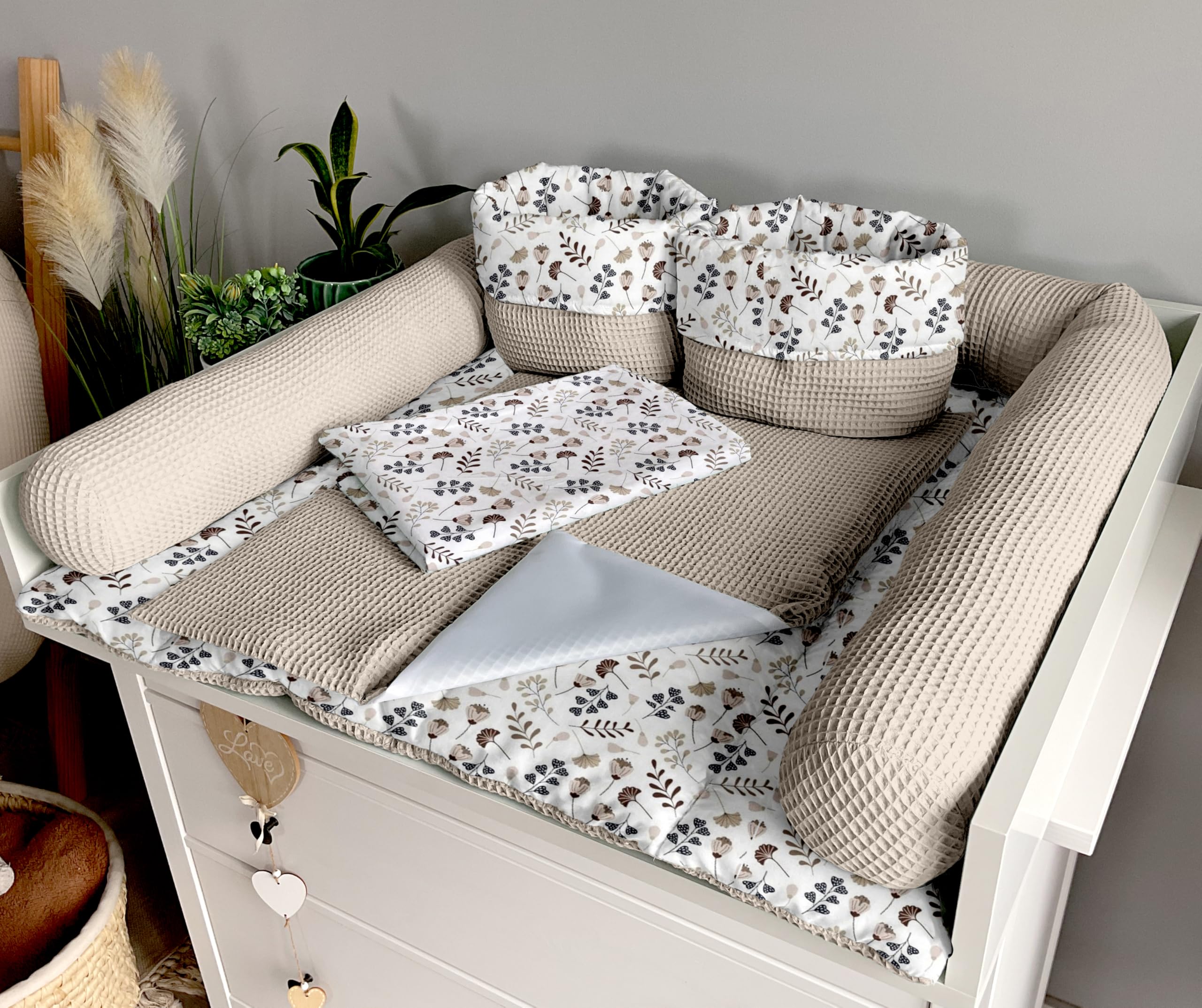 Wickelauflage Set 6-teilig – Wickelunterlage aus Baumwolle & Waffelstoff – Baby Wickelauflage – Geschenk zur Babyparty – Wickeltischauflage – 75x75 cm (Breite x Tiefe), Zweige und Sand