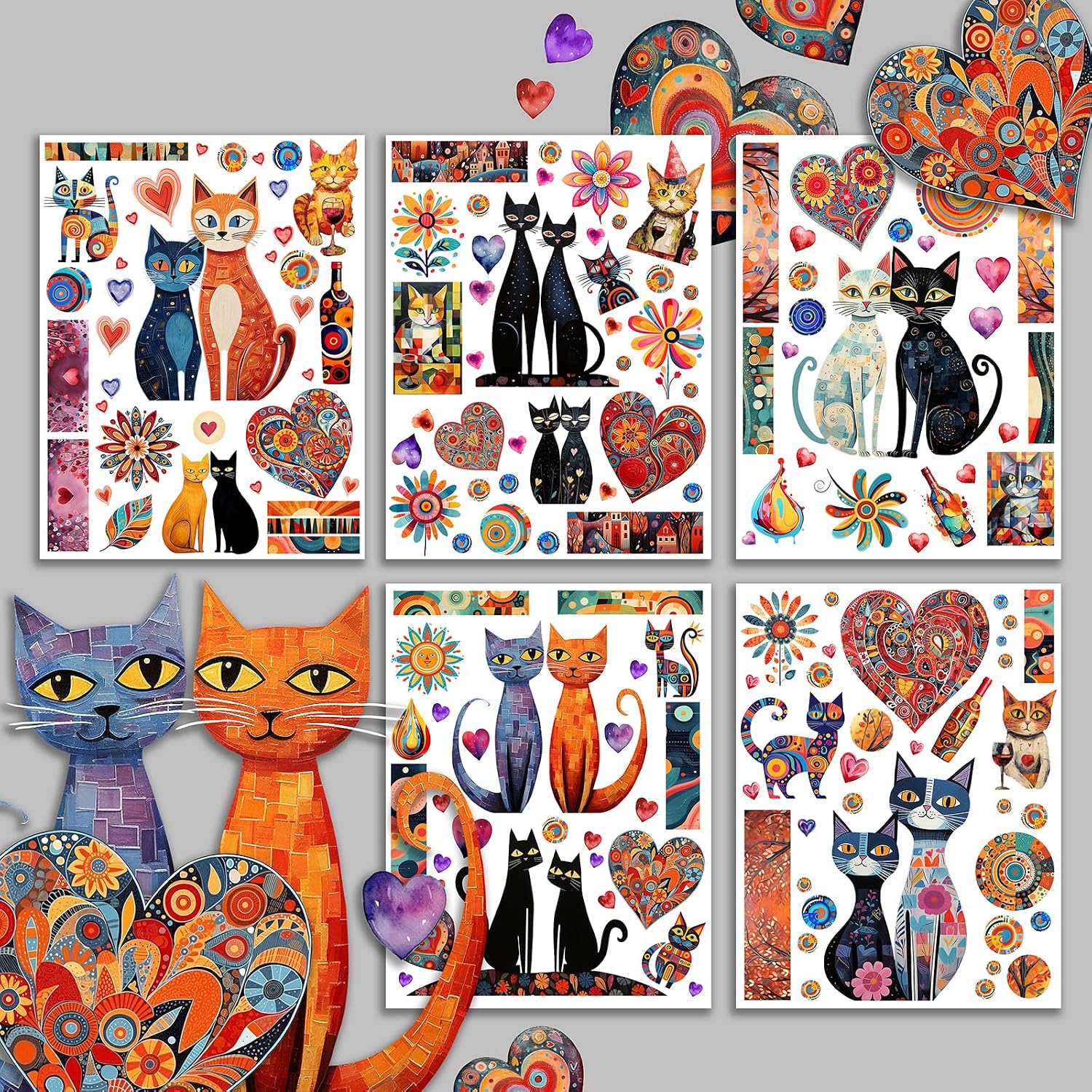Decoupage Paper Pack (15 Sheets 8"x11") Lovely Cats Couples in Love Naïve Art Valentine HANATABA Vintage Styled Ephemera Pictures for Decoupage Craft and Scrapbooking