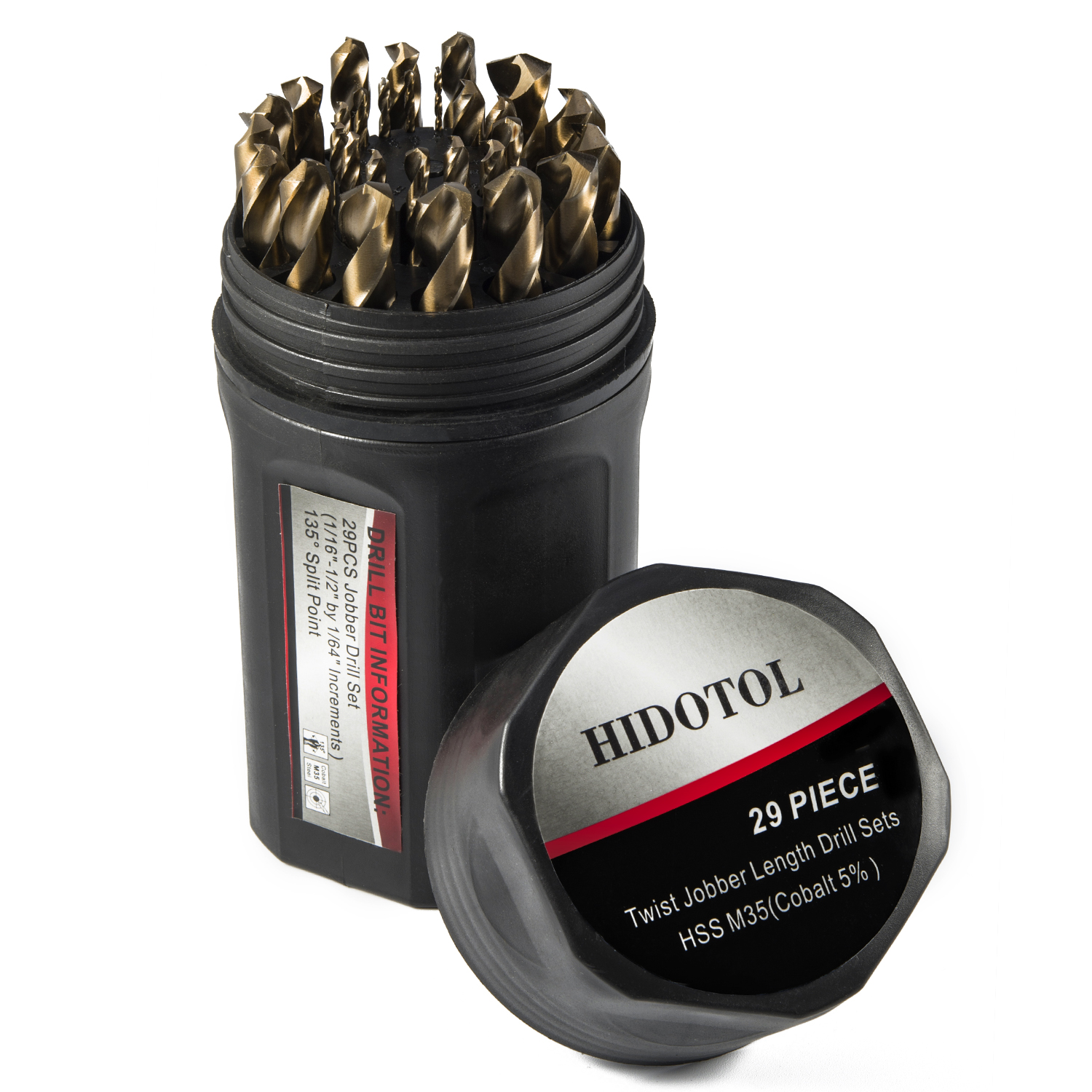 Image of HIDOTOL Cobalt Drill Bit Set 29 PCS - M35 High Speed Steel Twist Jobber Drill Bits for Hardened Metal, Stainless Steel, Cast Iron, Plastic and Wood with Indexed Round Case,1 /16 inch-1 /2 inch by 1 /64 inch THS.