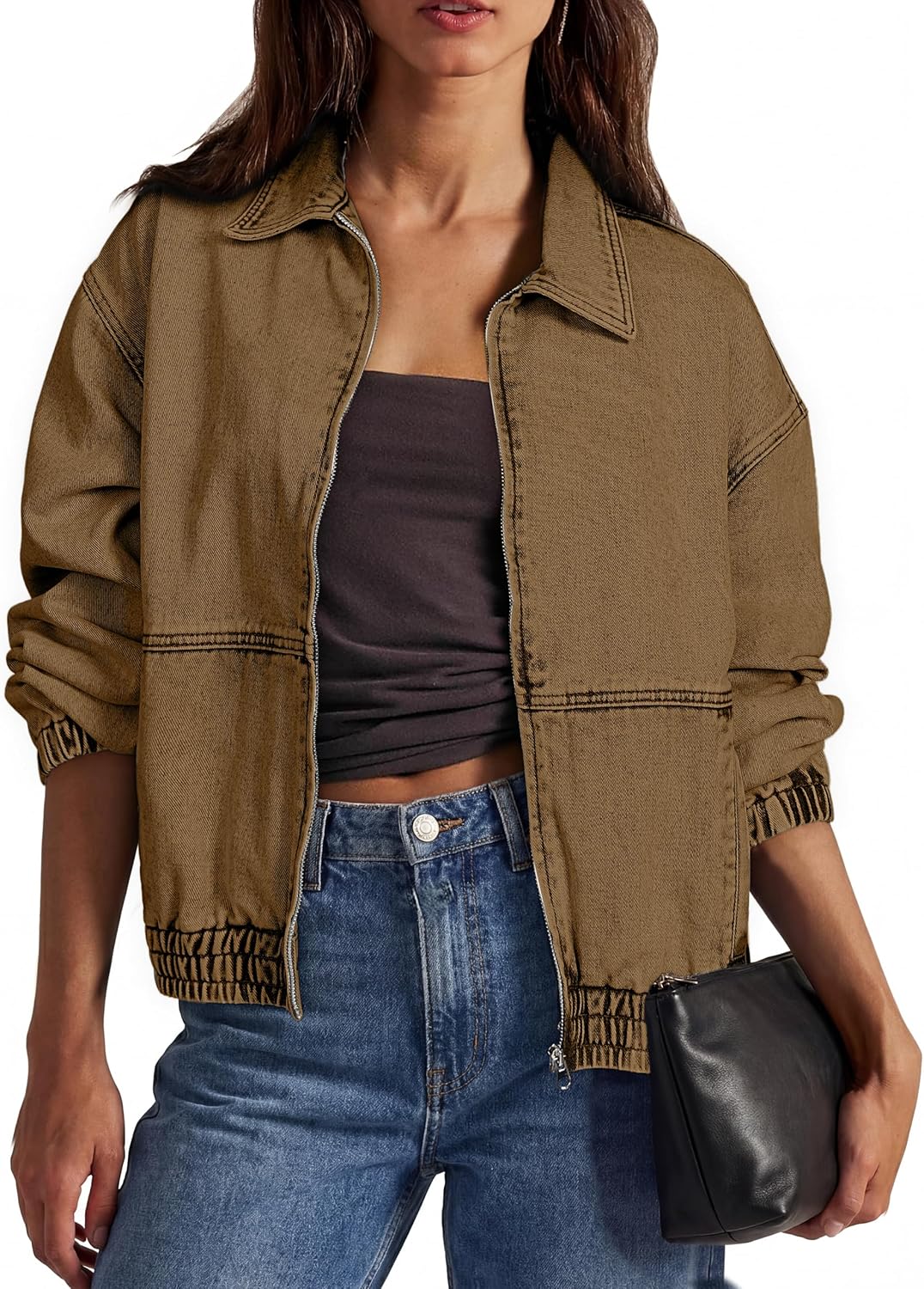 Glamaker Womens Oversized Denim Jacket Trendy Casual Zip Up Long Sleeve Loose Fit Jean Jackets Outfits Outerwear