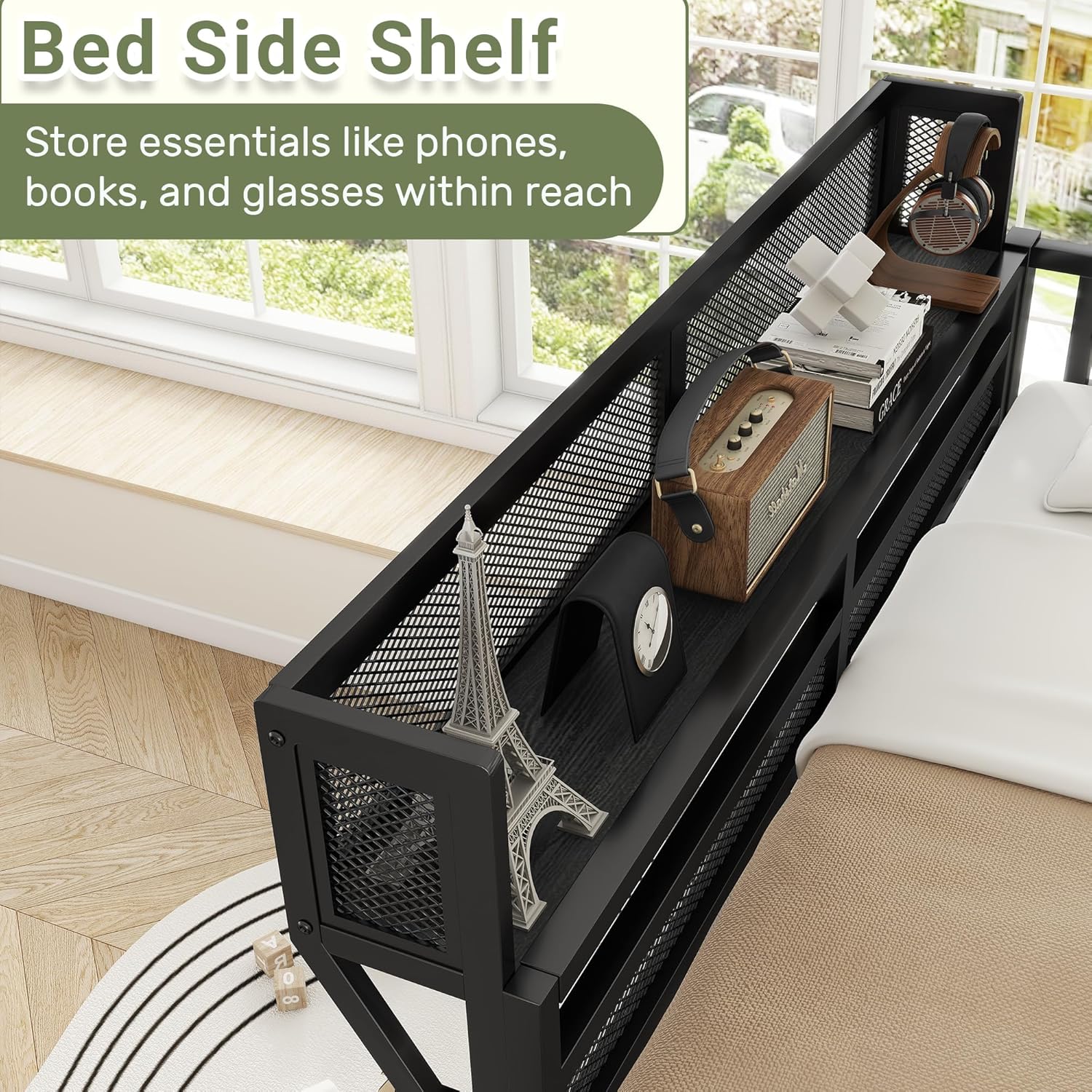 Queen Size Loft Bed with Storage Shelf & Wide Ladder, Metal Adults Loft Bed Frame with Large Under-Bed Space, Heavy-Duty Tall Lofts Beds for Adults Teens and Kids, Black