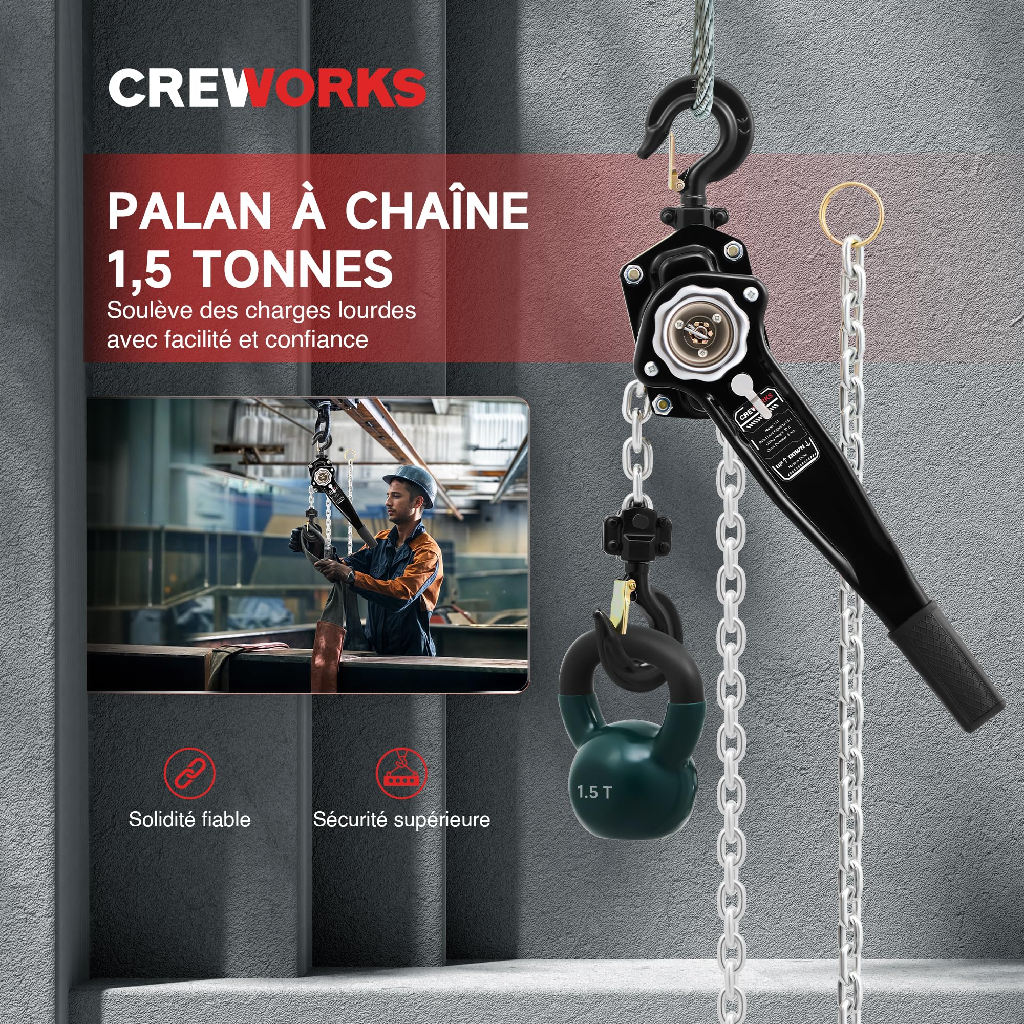 CREWORKS Palan à Chaîne avec Crochet Robuste, Capacité 1,5T avec Chaîne Galvanisée G80 et Crochets Pivotants, Palan Manuel à Levier 3m pour Bâtiment Entrepôt Usine Automobile