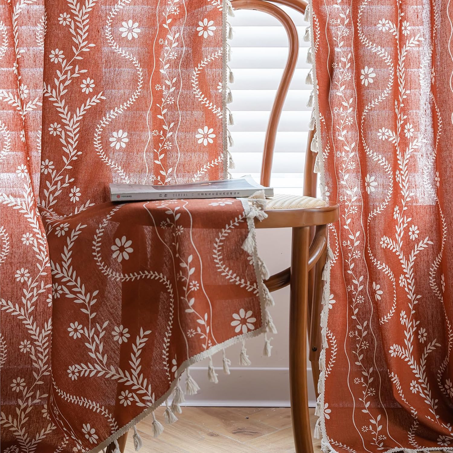 Boho Curtains for Living Room Terracotta Floral Vintage Farmhouse Patterned Curtains 84 Inch Length Semi Sheer Rustic Curtain Drapes Burnt Orange