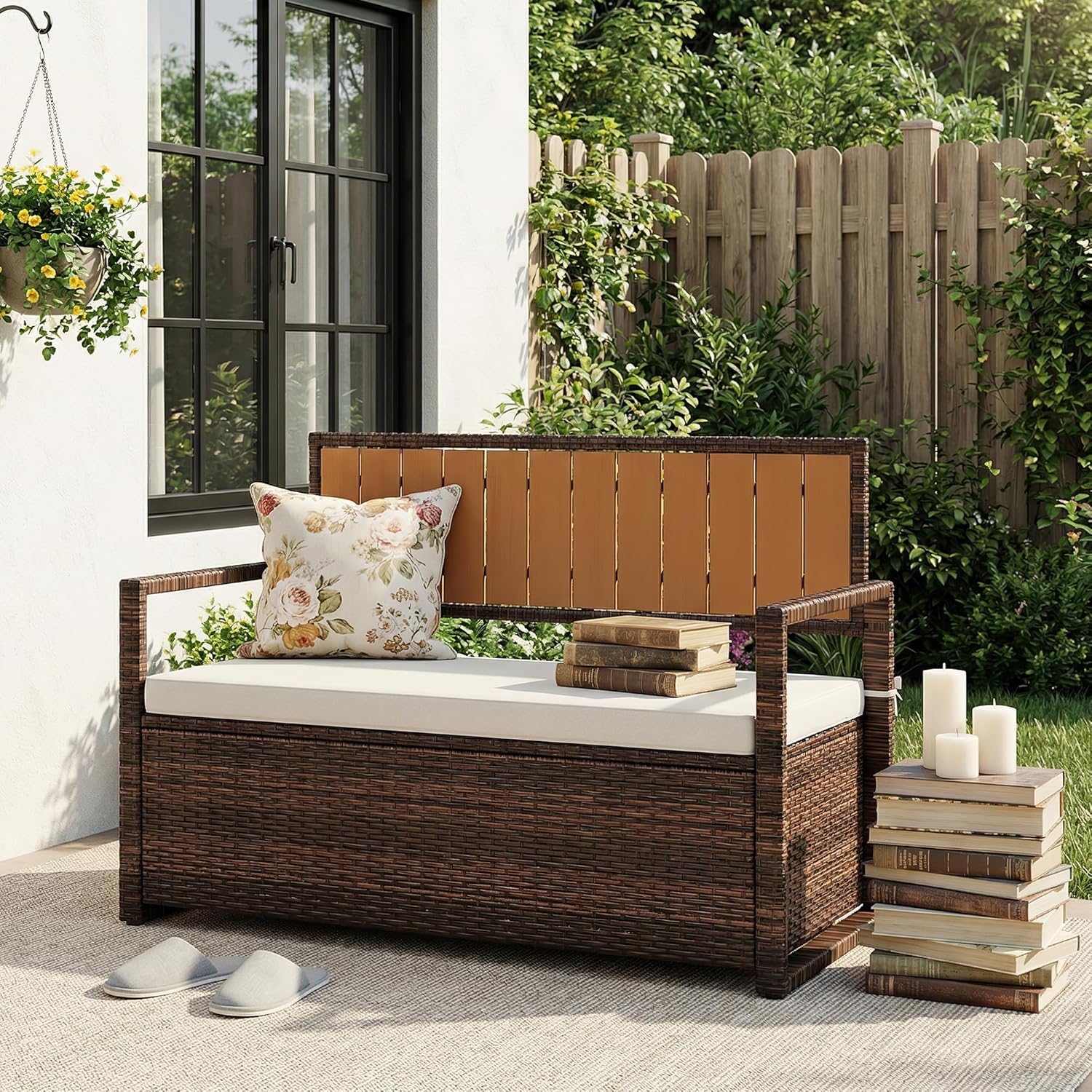 Outdoor Storage Bench with Cushion, 2-Person All-Weather PE Rattan Patio Bench with Backrest & Armrests, Waterproof Wicker Deck Box Seat for Garden, Porch, Poolside & Backyard, Metal Frame，Brown