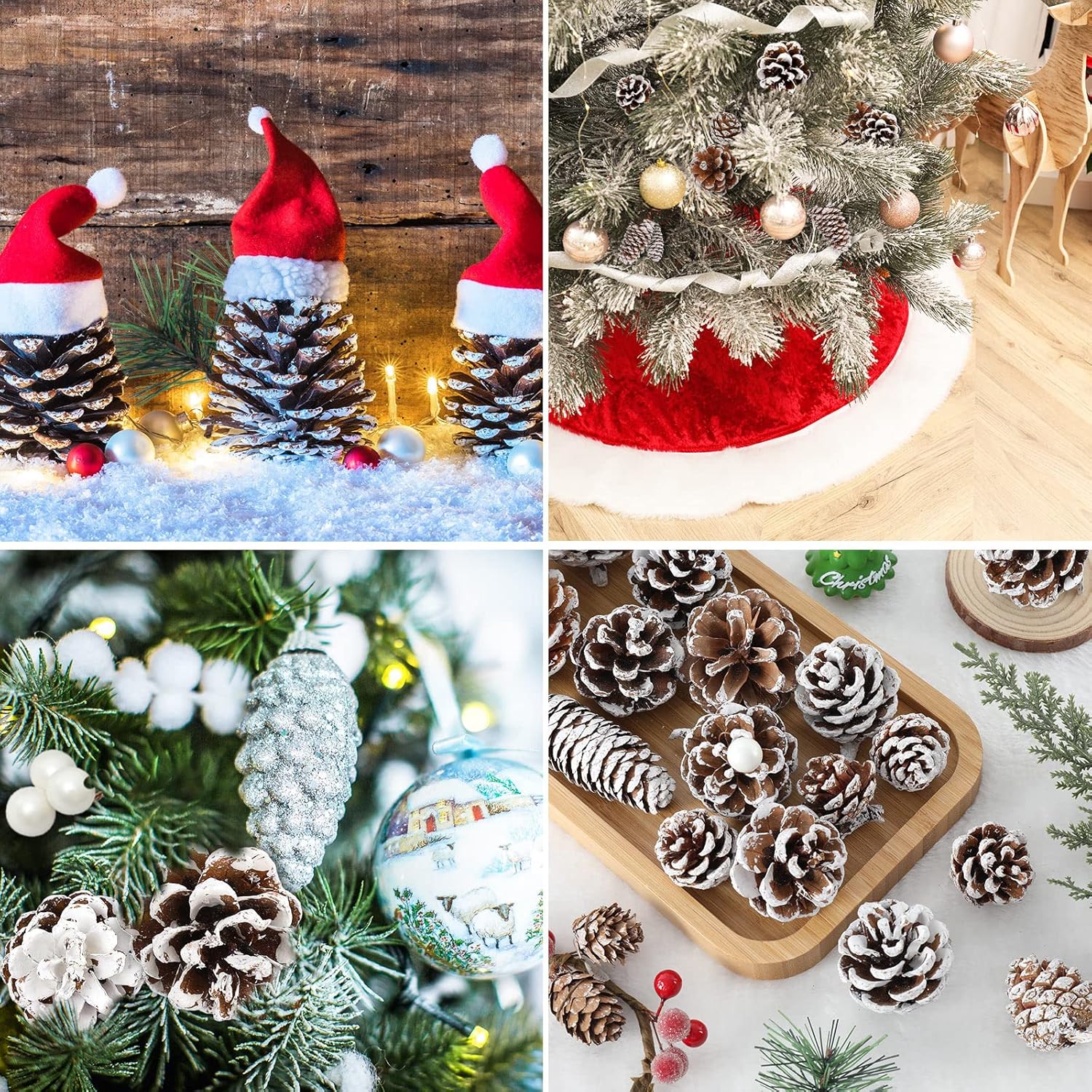 Whaline 170Pcs Christmas Pine Cones Berry Pine Branch Set Snow Pinecones Pendant White Winter Holiday Ornament for DIY Crafts Home Decorations Xmas Tree Gift Tag Party Supplies, Assorted Sizes