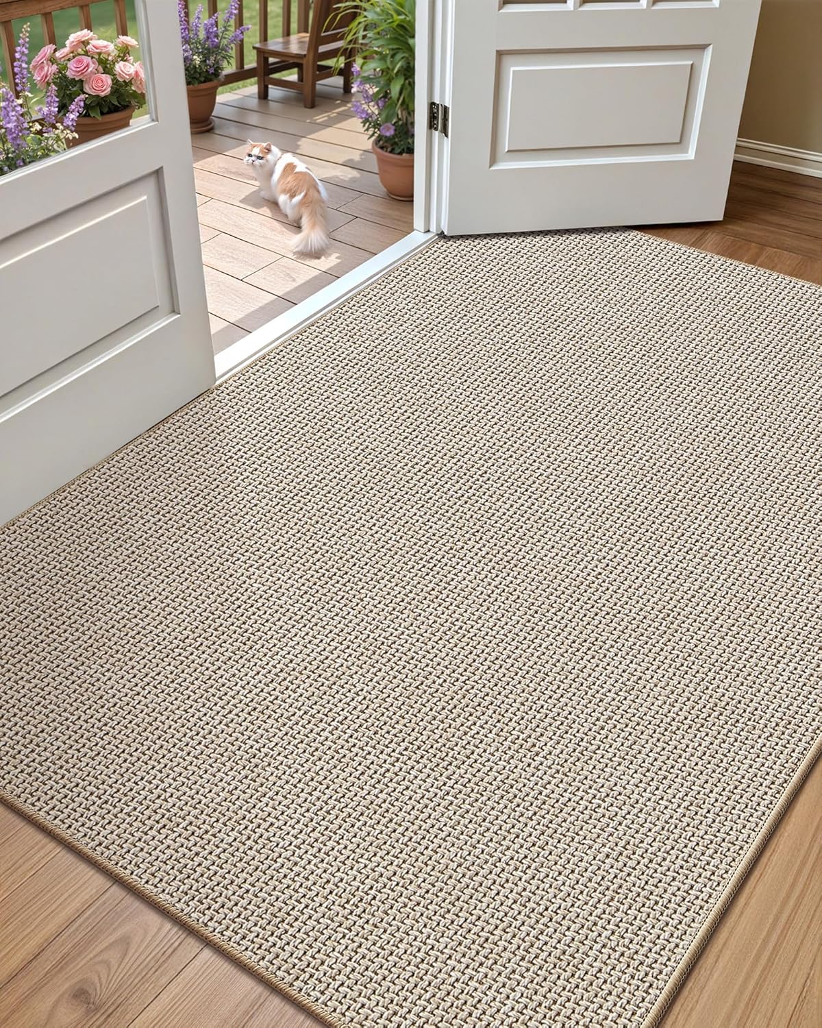 color&geometry large thin front door mat indoor entrance non slip rubber backed, 32"x48" indoor door mats for entryway, dirt trapper double doormat, washable front door rugs, oatmeal beige 2'8" x 4' (rectangular) oatmeal beige