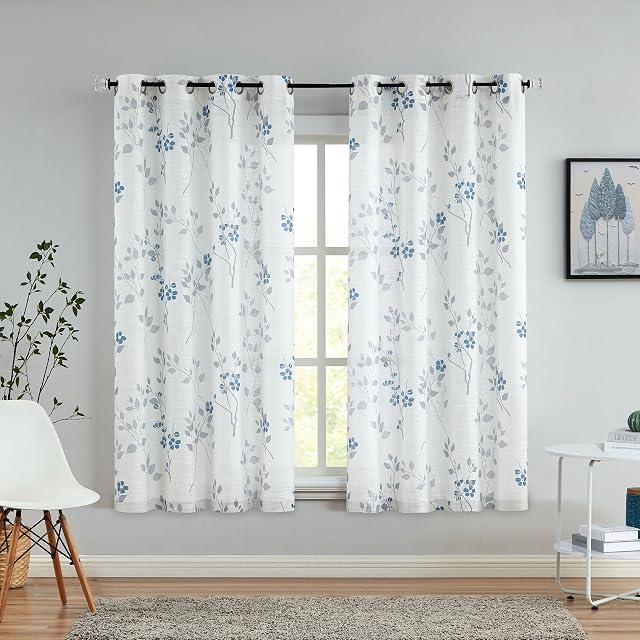 Beauoop Floral Semi Sheer Curtains 54 Inch Length for Living Room Bedroom Farmhouse Botanical Leaf Printed Rustic Linen Textured Panel Drapes Eyelet Window Treatment, Set of 2, 50 Inch Wide,Blue/Grey