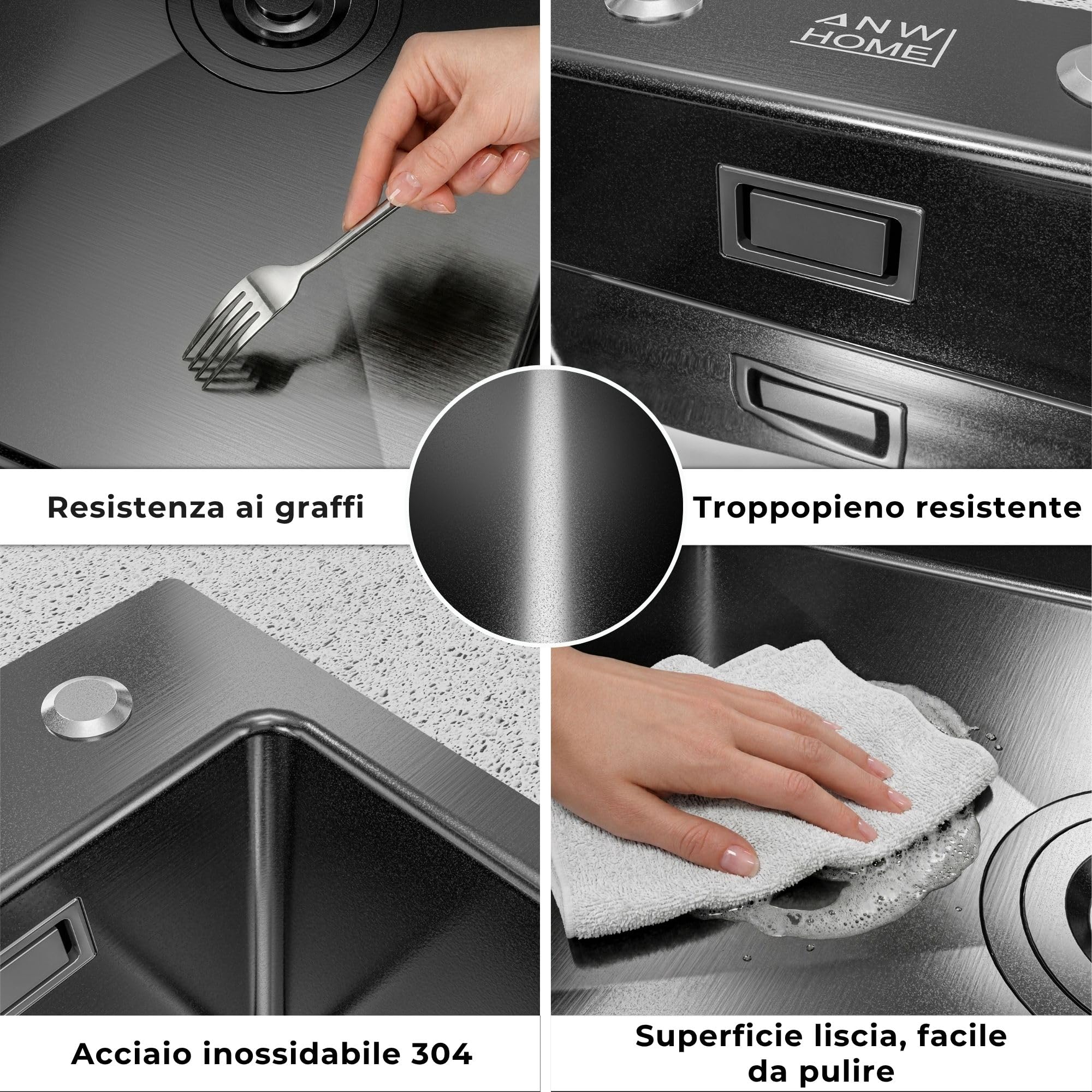 ANW HOME Lavello Cucina 1 Vasca 60x50 cm, Grafite | Incasso, Rivestimento Nano, Spessore 3,0/1 mm, Profondità 22 cm, Con Sifone
