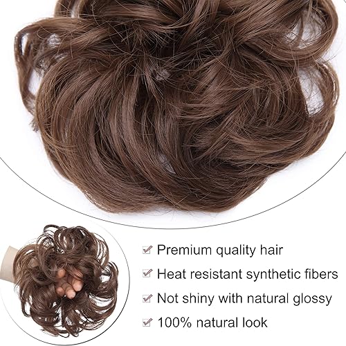 Miniatura 3 de Benehair Moño desordenado, pieza de pelo recogido para mujer, esponjoso, ondulado, moño con dona, moño sintético con banda de goma elástica, color