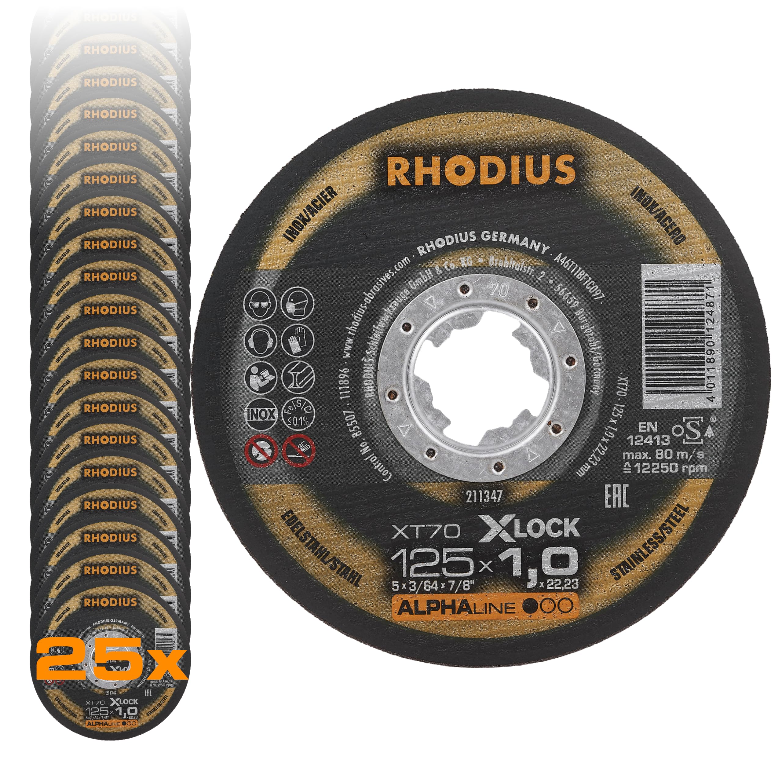 RHODIUS XT70 X-LOCK Lot de 25 disques à tronçonner en métal extra fins Fabriqué en Allemagne