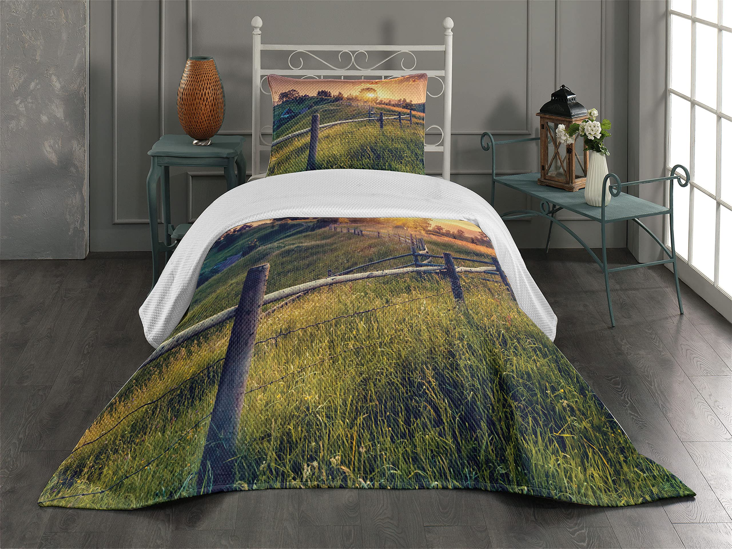 Ambesonne Europe Coverlet, Morning Sunbeams Over Countryside Farmhouse Colorful Sky Carpathian Ukraine, 2 Piece Decorative Quilted Bedspread Set with 1 Pillow Sham, Twin Size, Fern Green Yellow