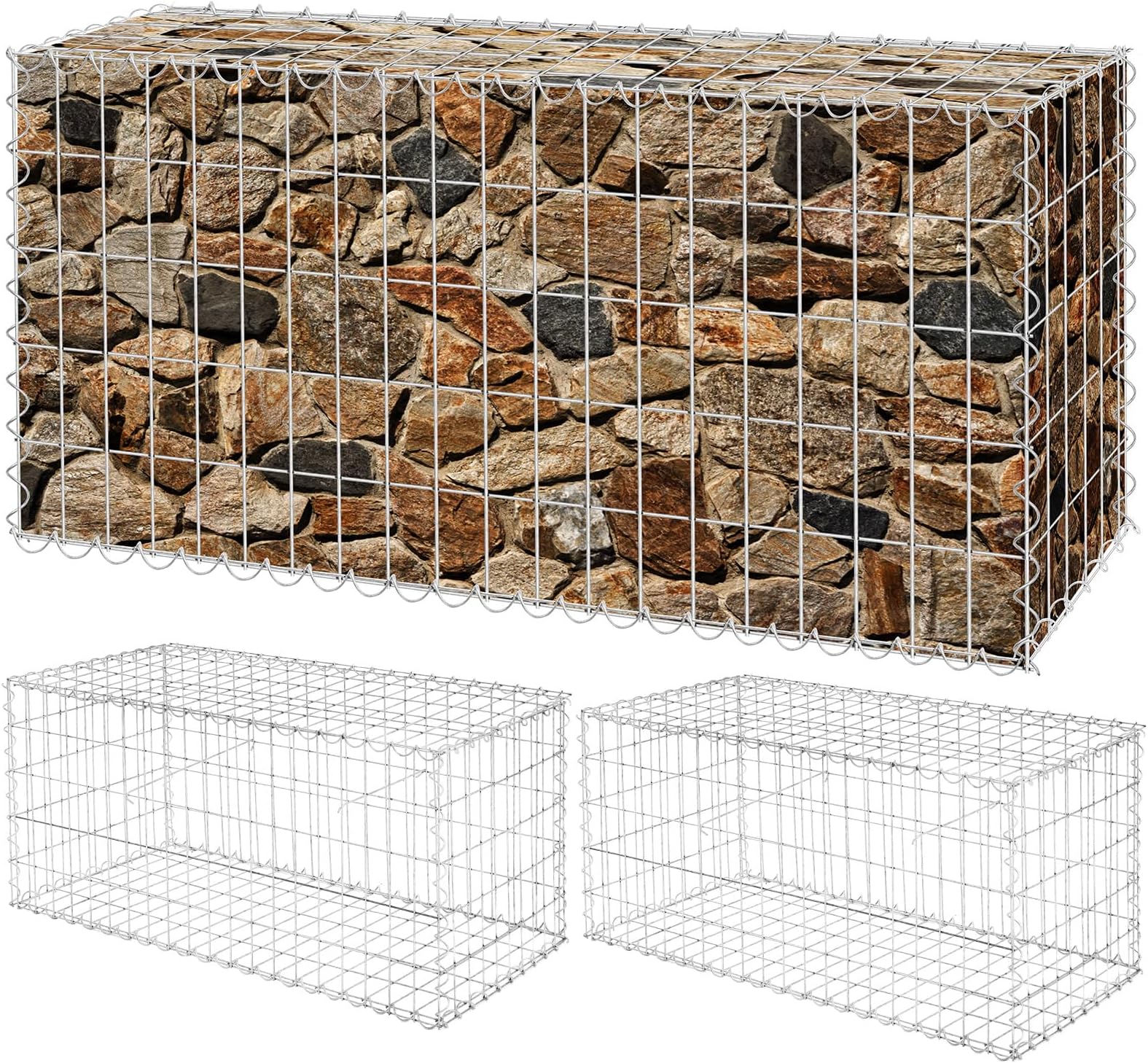 Tandefio 3 Pcs Galvanized Steel Gabion Baskets Modular Gabion Galvanized Steel Cages Stone Planter Cages Stone for Garden Projects Quick and Easy Construction Silver (39.4" X 19.7" X 19.7")